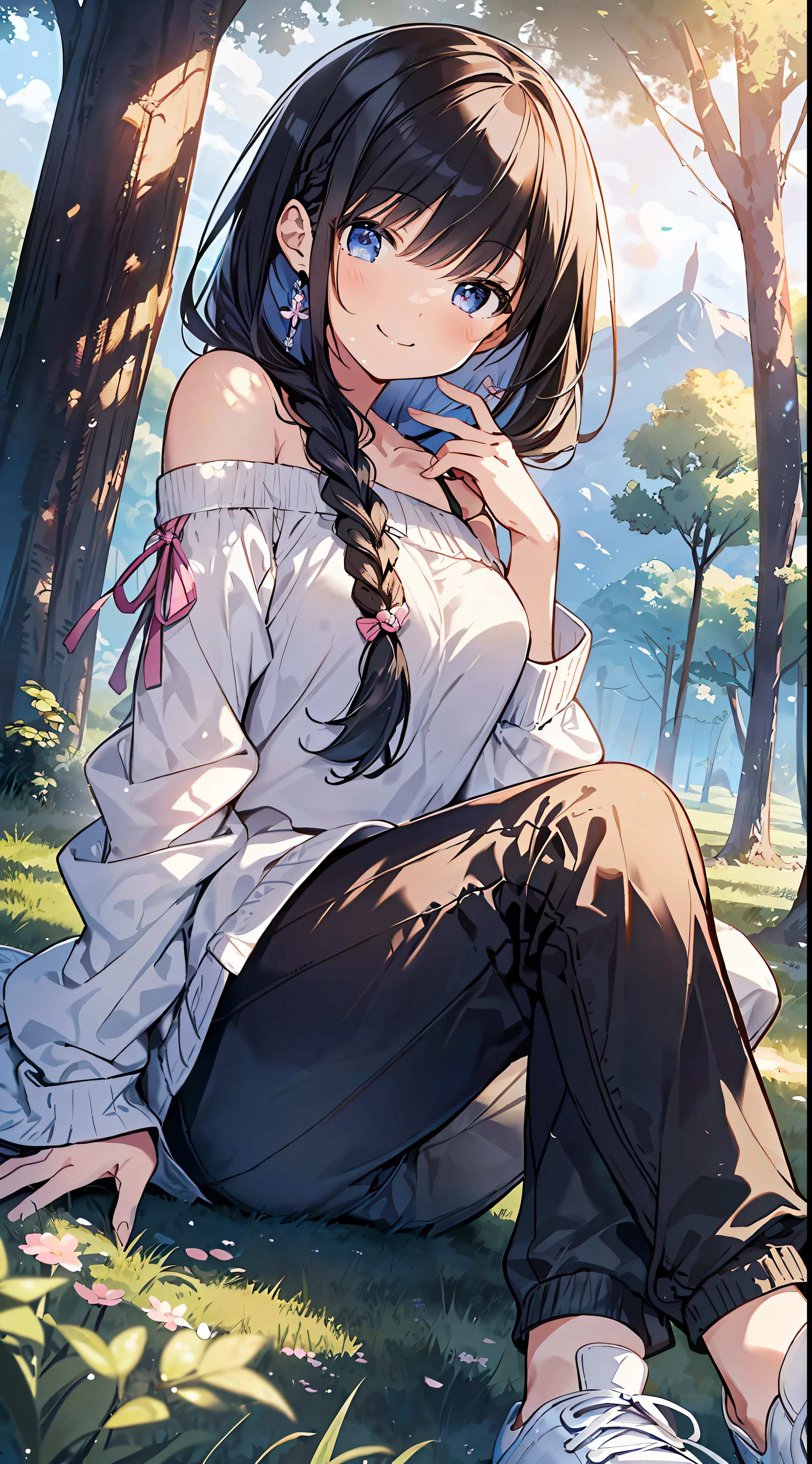 Top Quality, Masterpiece, Ultra High Definition, 8K, Summer Sky, Early Summer, (Pants, Light Knitwear, Sneakers), Shojo Manga Style , Alone, Soft Line Art, Digital Enhancement, Shojo Manga Touch, Shojo Manga Core, Flowing Fabric, Close Up, (Shoulder-length and Short Braid)), Wet Hair, Staring at Us Head-on, Soft Drawing, Beautiful Black Hair, Clear Eyes, ( (teasing smile)), ultra-detailed digital anime art, clear face depiction, ultra-detailed shoujo manga character art, clear facial features, ultra-detailed manga style, top quality colors, hand gestures, landscape with nature, looking up at the sky, angle that can be seen up to the feet, sit