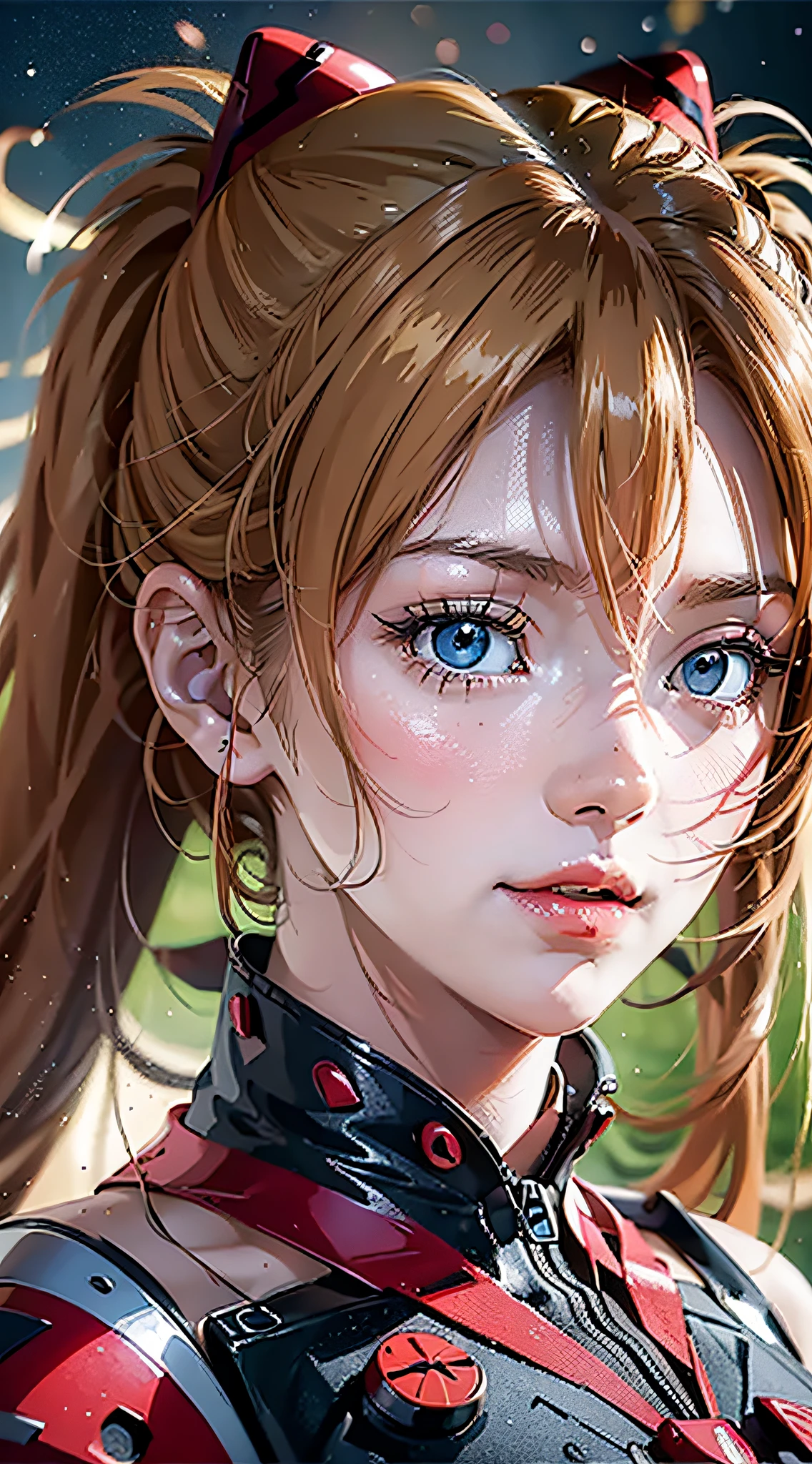 Shikiha Asuka Langre, ASUKA, Evangelion, her hair is a long blonde double ponytail, wearing a full red EVA pilot's combat suit, high heels on her feet, tsundere girl, slender, juvenile, with almond-shaped sky blue eyes, long eyelashes, shiny lips, tsundere and playful expression, full body portrait, hair bobbles, longeyelashes, light smile, ear blush, fang, blonde hair, twintails, heart-shaped pupils, Surrealism, drop shadow, stereogram, tachi-e, pov, atmospheric perspective, Futurism, anime style, cinematic lighting, sparkle, ray tracing, drop shadow, speed lines, tachi-e, diffraction spikes, f/16, 8k, super detail, ccurate, best quality, retina, masterpiece, award winning, textured skin