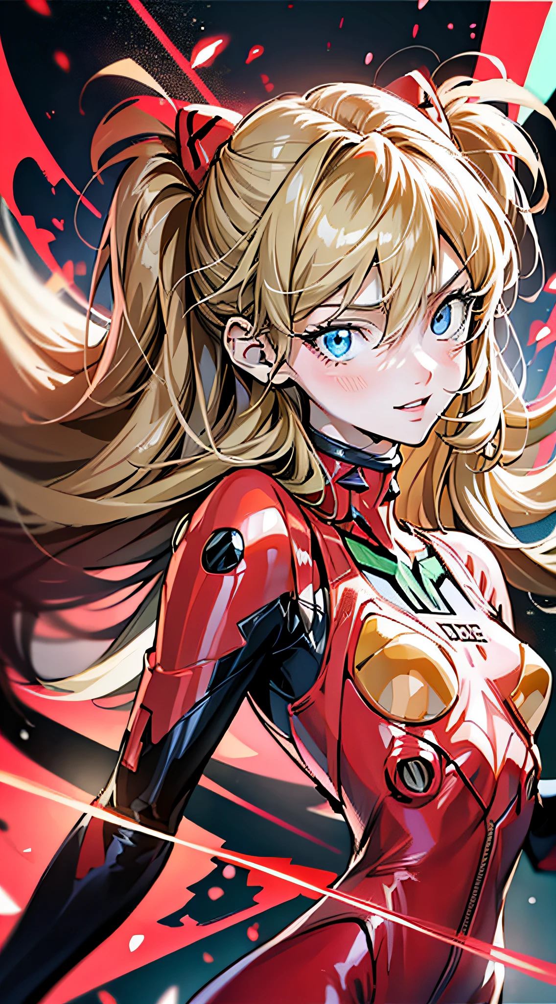 Shikiha Asuka Langre, ASUKA, Evangelion, her hair is a long blonde double ponytail, wearing a full red EVA pilot's combat suit, high heels on her feet, tsundere girl, slender, juvenile, with almond-shaped sky blue eyes, long eyelashes, shiny lips, tsundere and playful expression, full body portrait, hair bobbles, longeyelashes, light smile, ear blush, fang, blonde hair, twintails, heart-shaped pupils, Surrealism, drop shadow, stereogram, tachi-e, pov, atmospheric perspective, Futurism, anime style, cinematic lighting, sparkle, ray tracing, drop shadow, speed lines, tachi-e, diffraction spikes, f/16, 8k, super detail, ccurate, best quality, retina, masterpiece, award winning, textured skin