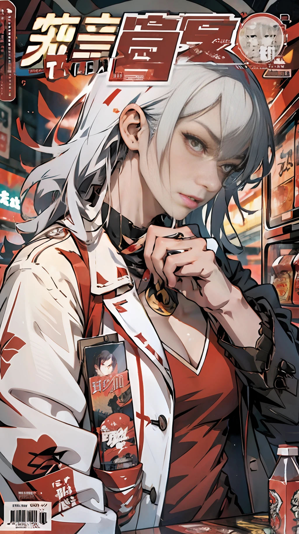An anime magazine with tattoos as the protagonist, mature woman, white medium long hair, curly hair drooping, three-dimensional and delicate facial features, wearing a red cheongsam, draped in a black trench coat, with a dragon tattoo on his arm, leaning on a vending machine, looking down and smoking, dark red bright eyes fierce and fierce, light red and light black background, manga art style, modern style, magazine cover, close-up
