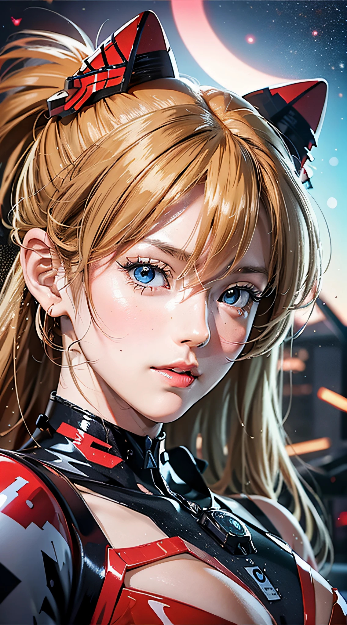 Shikiha Asuka Langre, ASUKA, Evangelion, her hair is a long blonde double ponytail, wearing a full red EVA pilot's combat suit, high heels on her feet, tsundere girl, slender, juvenile, with almond-shaped sky blue eyes, long eyelashes, shiny lips, tsundere and playful expression, full body portrait, hair bobbles, longeyelashes, light smile, ear blush, fang, blonde hair, twintails, heart-shaped pupils, Surrealism, drop shadow, stereogram, tachi-e, pov, atmospheric perspective, Futurism, anime style, cinematic lighting, sparkle, ray tracing, drop shadow, speed lines, tachi-e, diffraction spikes, f/16, 8k, super detail, ccurate, best quality, retina, masterpiece, award winning, textured skin