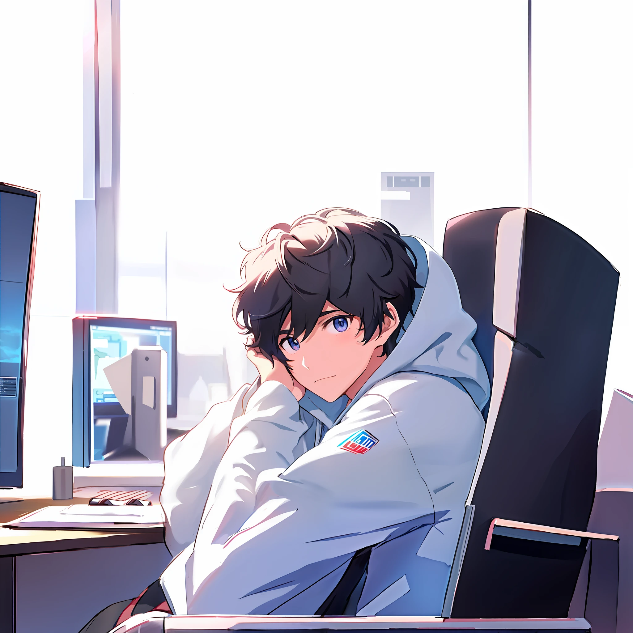 anime boy sitting in front of a computer desk with a laptop, handsome anime pose, high quality anime artstyle, tall anime guy with blue eyes, young anime man, anime boy, anime moe artstyle, anime handsome man, male anime character, male anime style, smooth anime cg art, ilya kuvshinov with long hair, anime art wallpaper 8 k