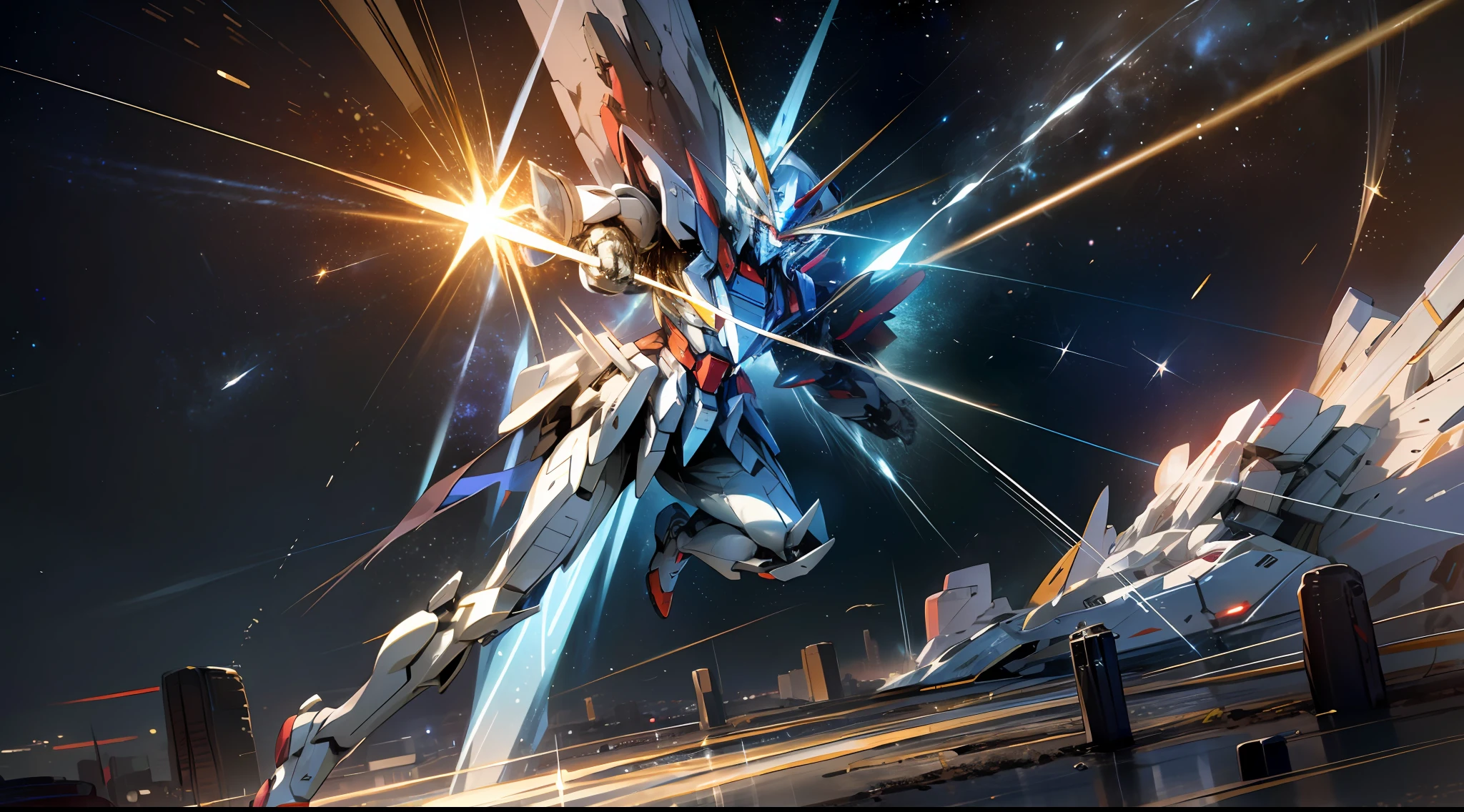 (a thrilling masterpiece)) and intense colors, depicting the majestic blue-and-white Gundam that emits a halo of glowing particles in flight. Gundam takes on a fierce fighting stance, arms and legs ready to strike. Its metal armor and sharp edges sparkle in the light, showcasing its impressive design and power. The glowing particles surrounding it add a sense of speed and movement, as if the Gundam is flying through the galaxy at lightning speed. With vast stars and galaxies in the background, one gets the impression that this Gundam is on a mission to save the universe, vista, cinematic quality, 8K