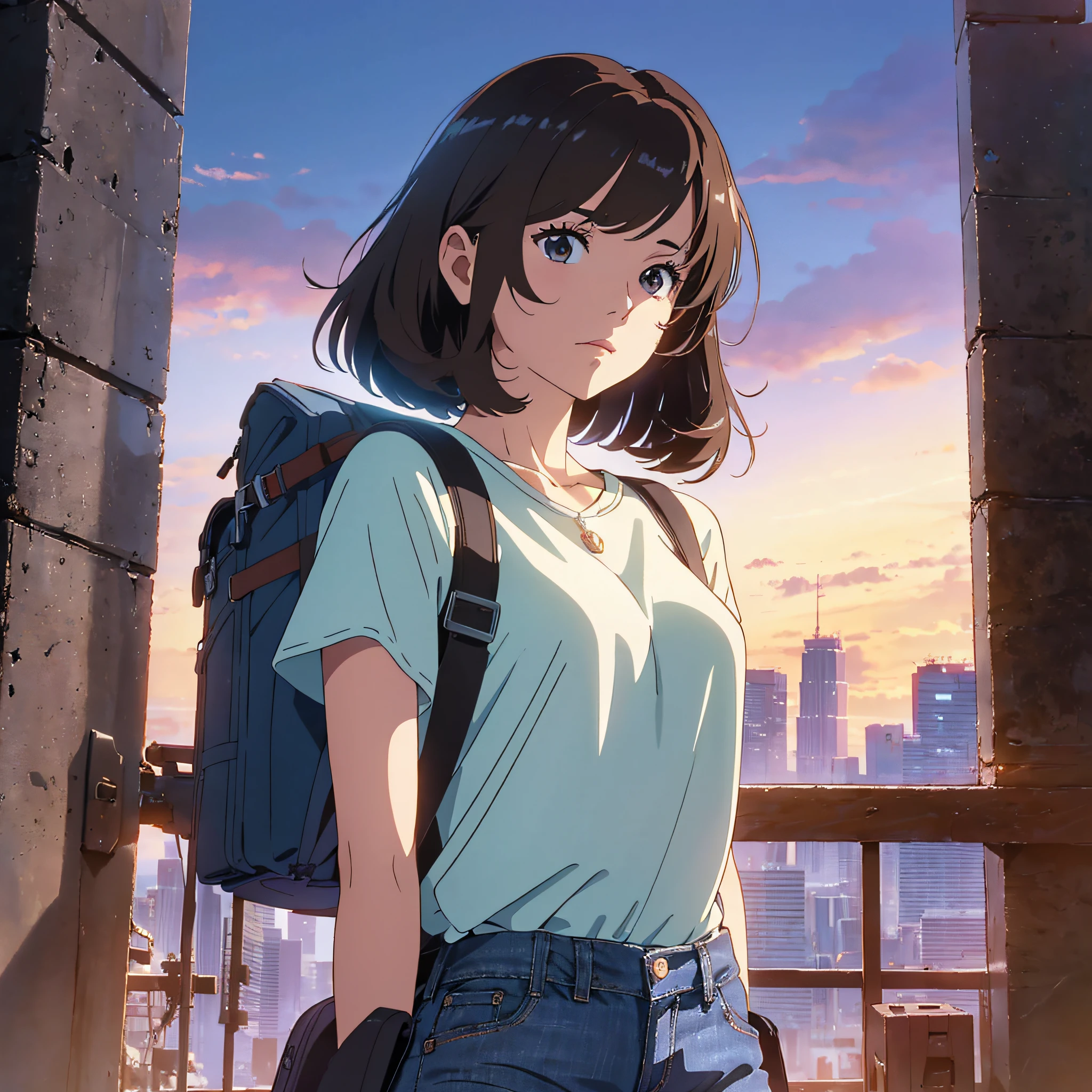(beautiful and magnificent skyline, majestic sky), (very tense dramatic pictures, moving visual effects), (Polaris hanging high, colorful natural light), (1 girl), (short sleeve top, denim shorts, carrying a backpack), (dynamic pose: 1.3, black eyes, black princess-cut hair, shining girl, anime style) [:0.8], (wide prairie), (looming breeze) [::0.9] (Brown hair and background adjustment effects: 1.2), (Close shot, Long shot mix and match) --auto --s2