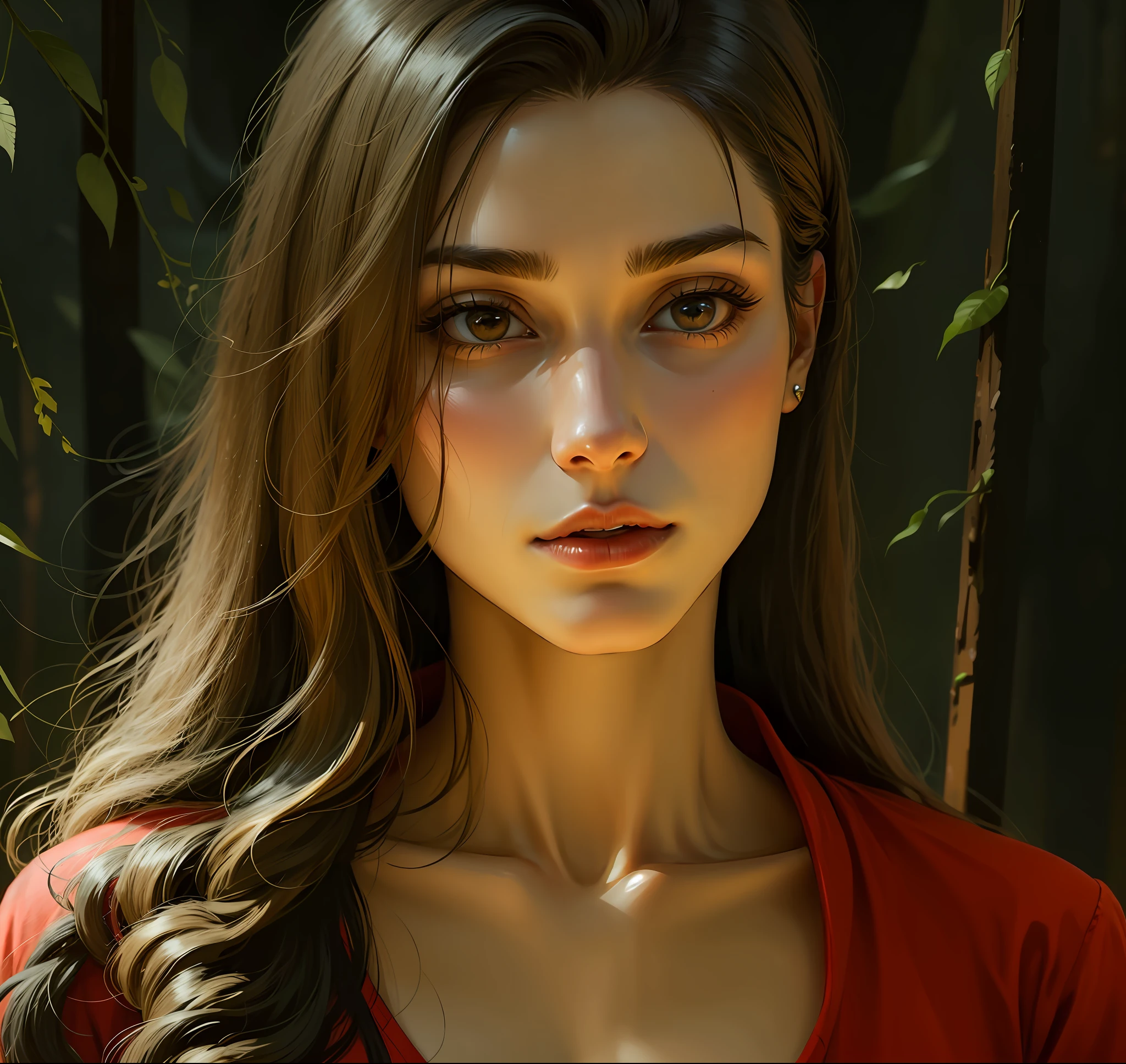 Close-up of long-haired woman in red shirt