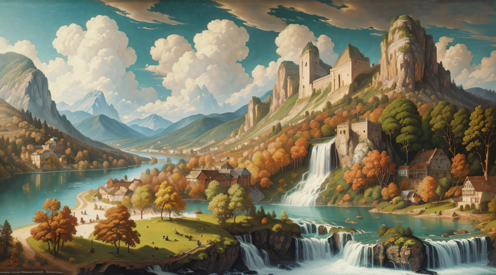Leonardo da Vinci oil painting, magnificent, mountains, waterfalls, forests, white clouds, lakes, villages, 8K, fine details, high definition --auto --s2