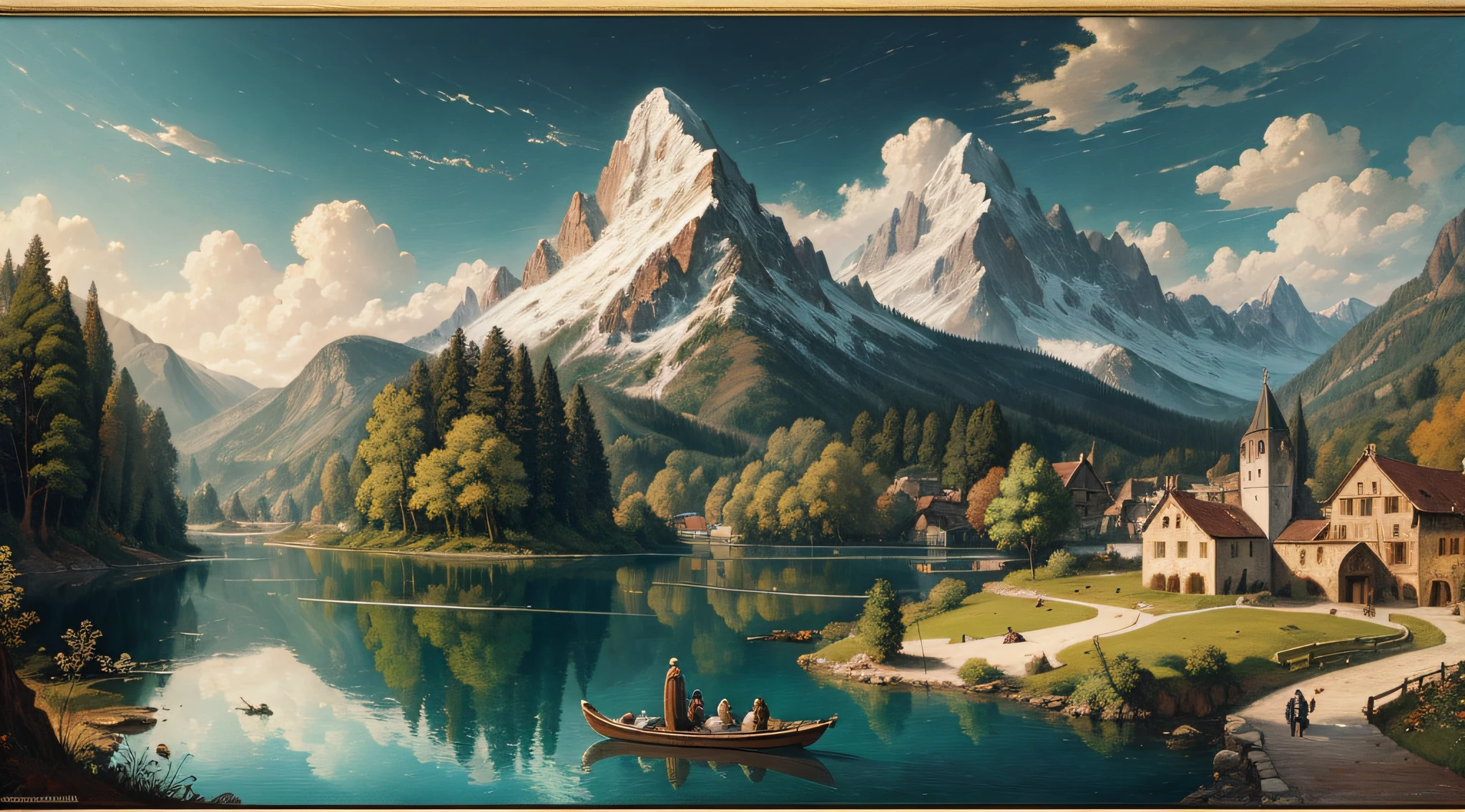 Leonardo da Vinci oil painting, magnificent, mountains, waterfalls, forests, white clouds, lakes, villages, 8K, fine details, high definition --auto --s2
