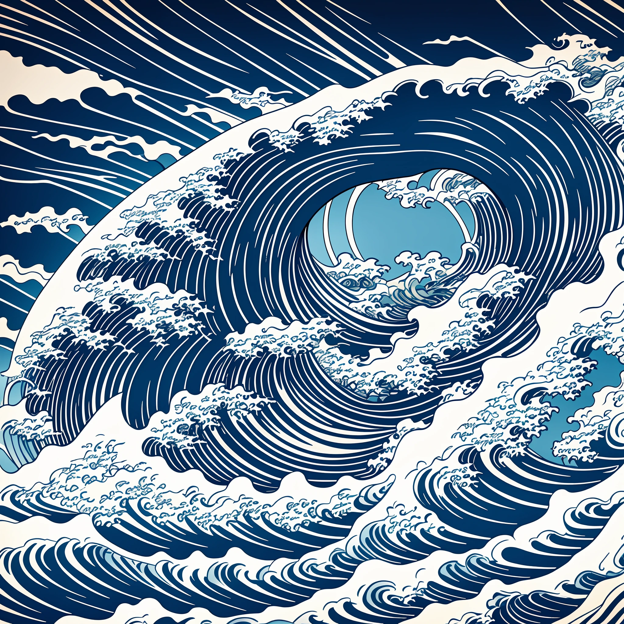 Katsushika Hokusai-style line art design, Hokusai-style dark blue rough wave pattern design. The tip of the wave is the head of a dragon, the highest quality, masterpiece high resolution ukiyo-e style. Artistic style, 1:1, ukiyo-e style, 3D vector art, Adobe Illustrator, 4K resolution, gorgeous backgrounds only