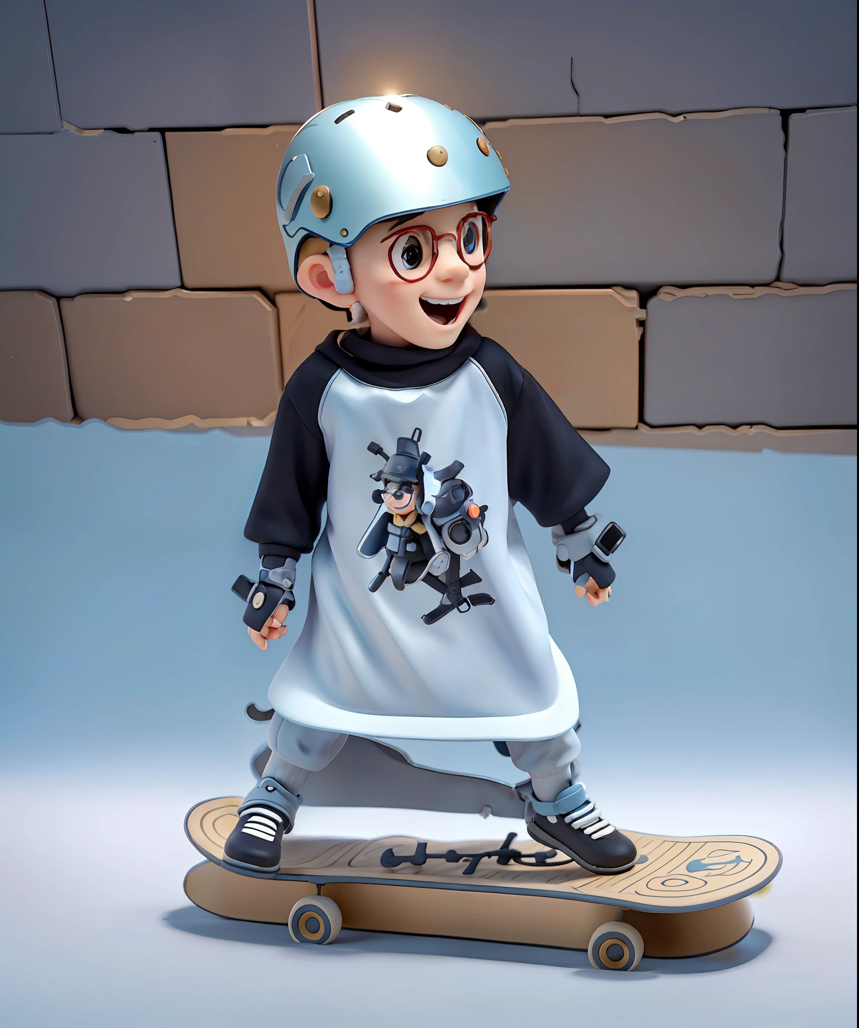 (Best Quality, 8k, 32k, Masterpiece, UHD: 1.2), Perfect Light, Photo, Little Boy with Helmet, Stepping on Black Skateboard, Eyes Wide, Laughing, White Half Sleeves with Chinese Characters, With Hand and Knee Pads, Black Sleeves, oversized_sweater, Glasses, Simple Background, Looking into the Camera,