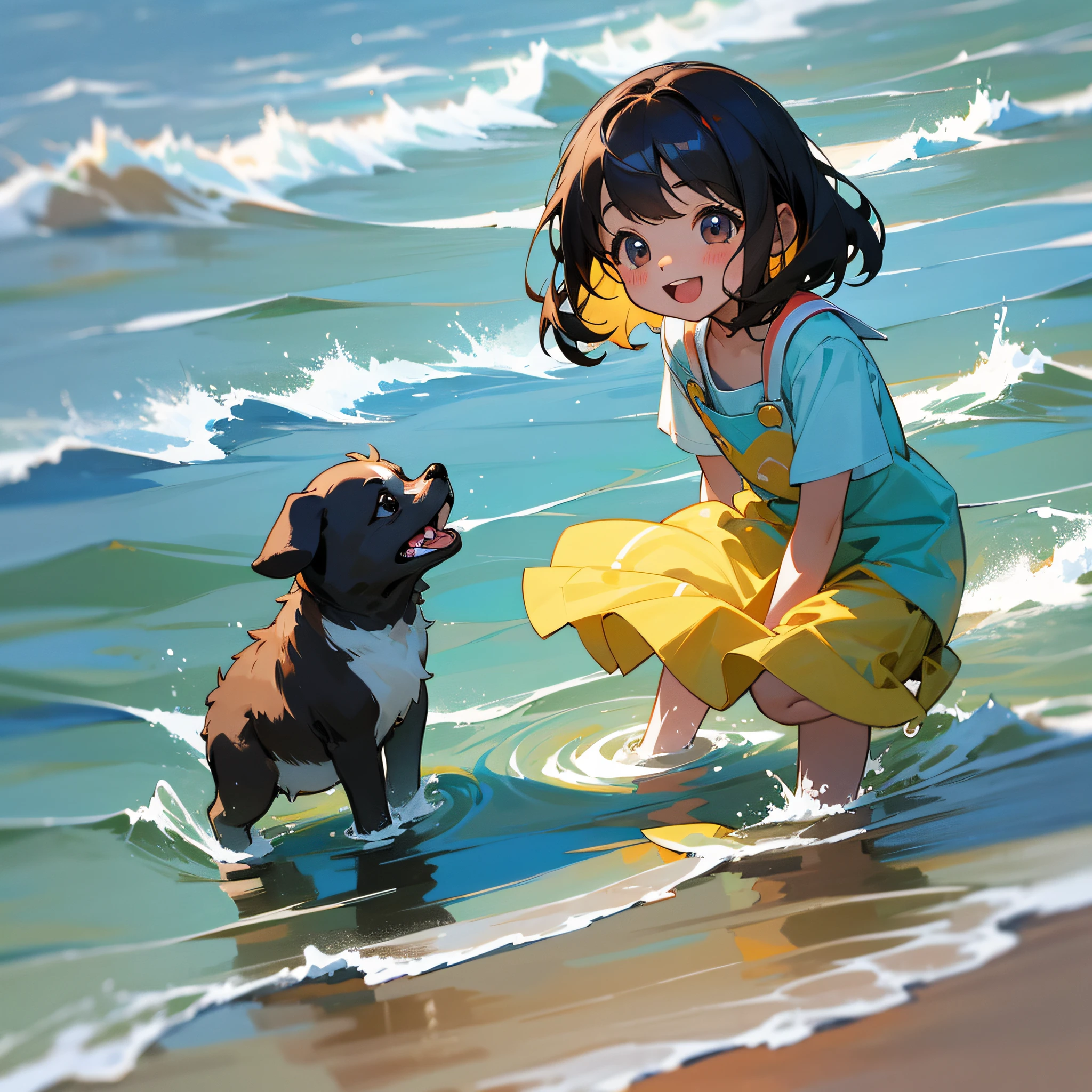 Sunny cute little girl, playing in the water, splashing, smiling, there is a puppy on the shore trying to go into the sea and timid, a paw testing the sea, the girl looks at the puppy and laughs. The painting style is sunny, and the little girl's clothes should have a spring and summer feeling --auto --s2