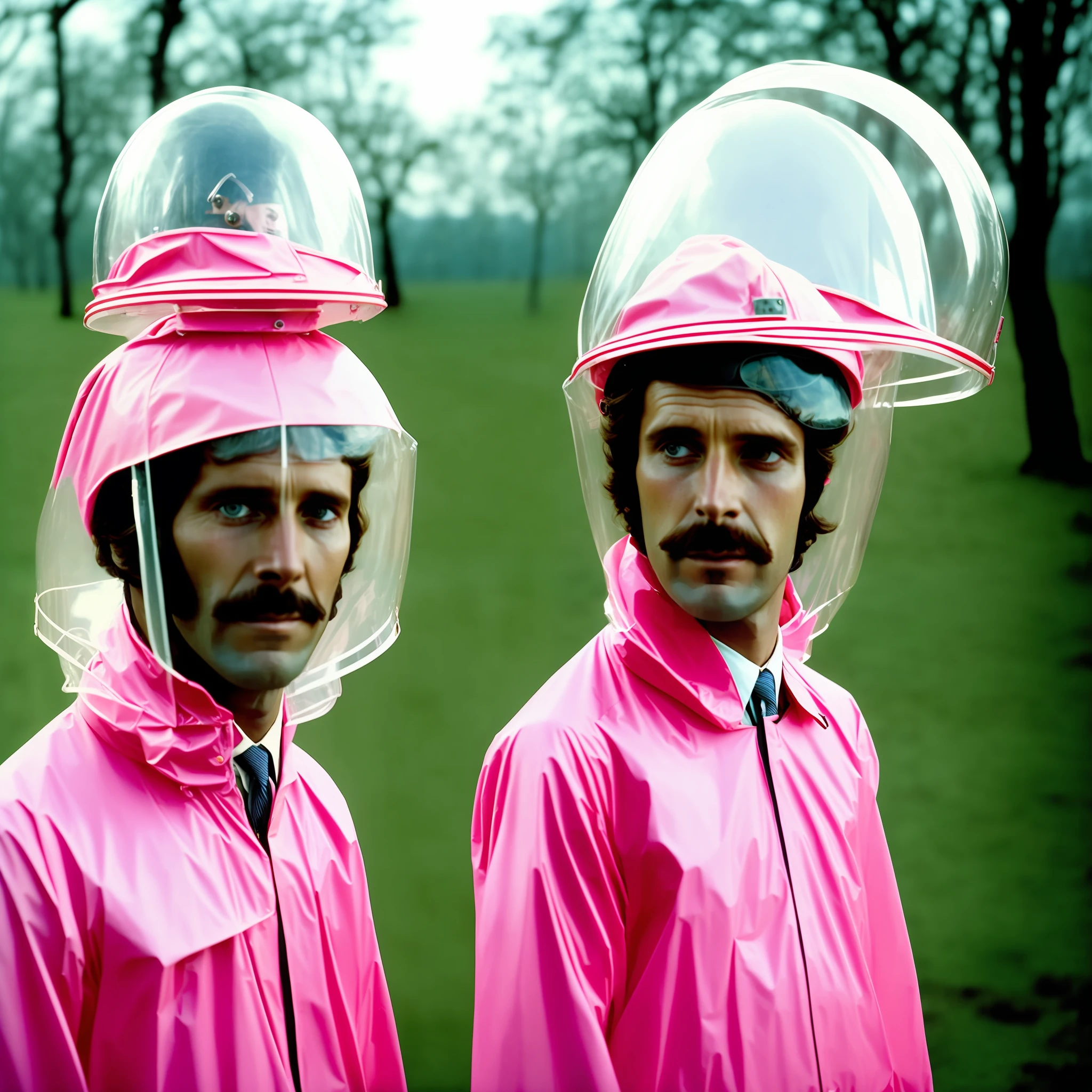 1970s man in suit and raincoat with transparent plastic helmet of pink cap Wes Anderson