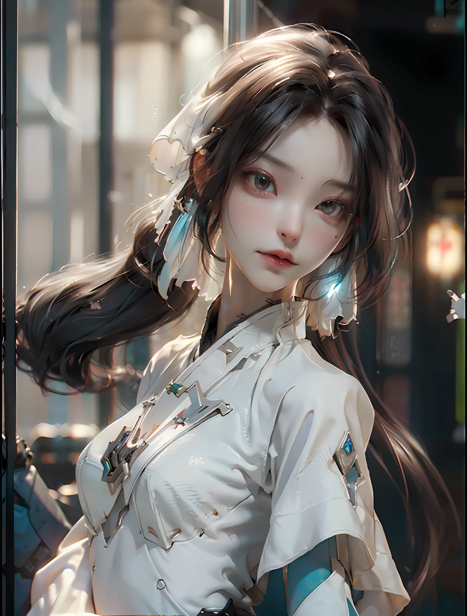 (Best Quality), (Masterpiece), (Detail: 1.4), 3D, (A Beautiful Cyberpunk Woman: 1.5), HDR (High Dynamic Range), Ray Tracing, NVIDIA RTX, Super-Resolution, Unreal 5, Subsurface Scattering, PBR Textures, Post Processing, Anisotropic Filtering, Depth of Field, Maximum Sharpness and Sharpness, Multi-layer Textures, Albedo and Highlight Maps, Surface Shading, Accurate simulation of light-material interactions, perfect proportions, Octane Render, two-color light, large aperture, low ISO, white balance, rule of thirds, 8K RAW, ray tracing, long black hair, delicate facial features, cyan mecha mixed cheongsam