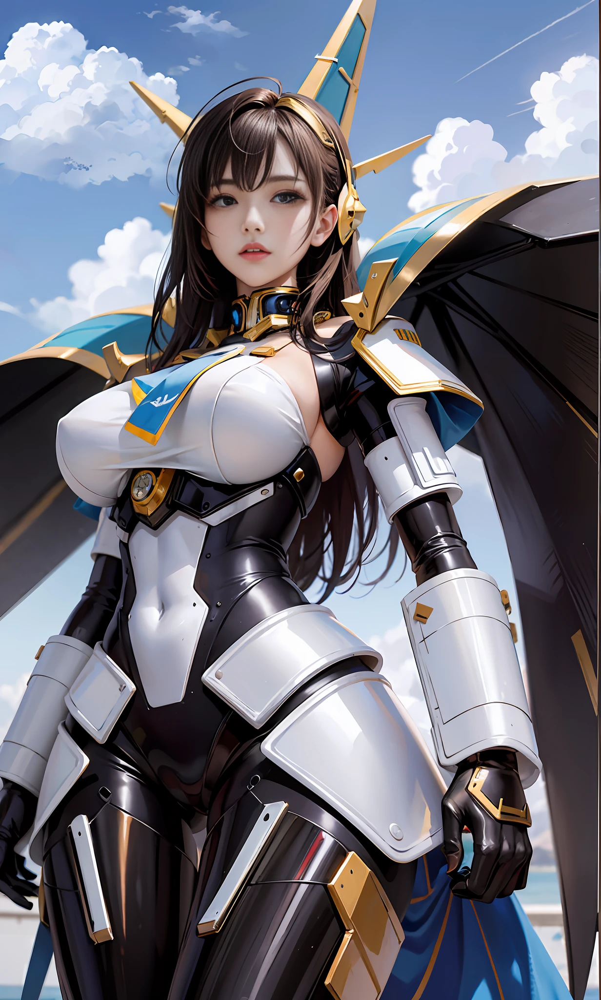 (8K, Best Quality, Masterpiece: 1.2), Mecha Warrior, Maiden, Beautiful Legs, Long Legs, Delicate Facial Features, Big Eyes, Blue Sky, White Clouds