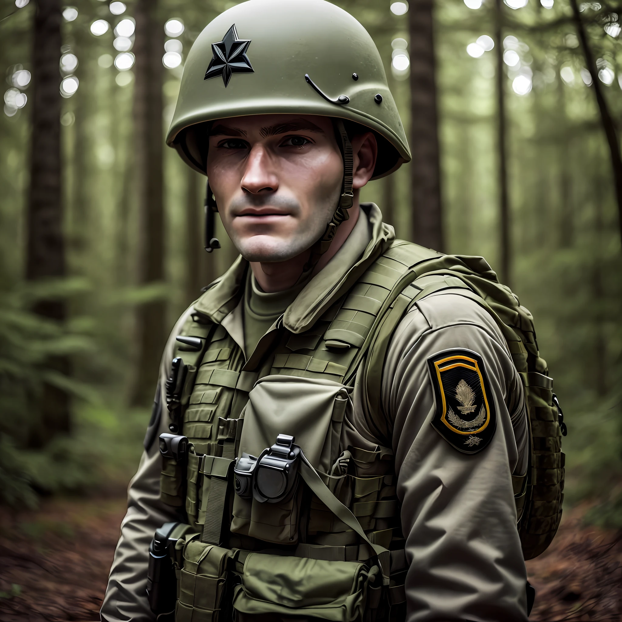 Face of a soldier in the forest, best quality, super realistic