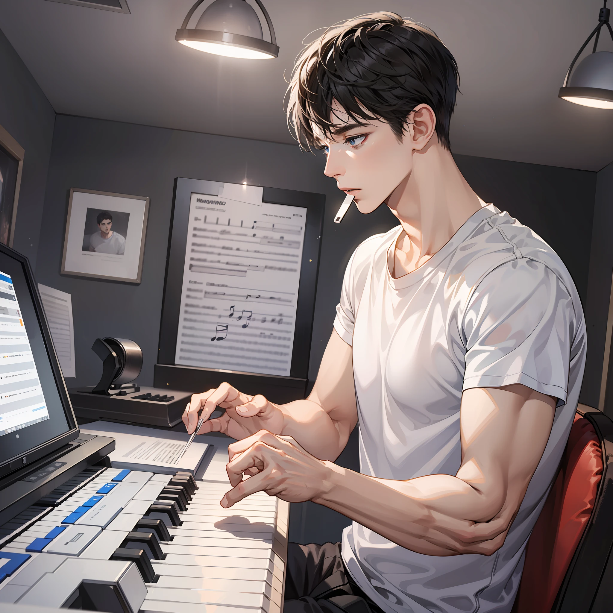 Masterpiece, high quality, best quality, HD, realistic, perfect lighting, detailed body, 1 man, short black hair, white t-shirt, wearing headphones, singing with mouth open, playing piano, computer, far view, in the room, at night