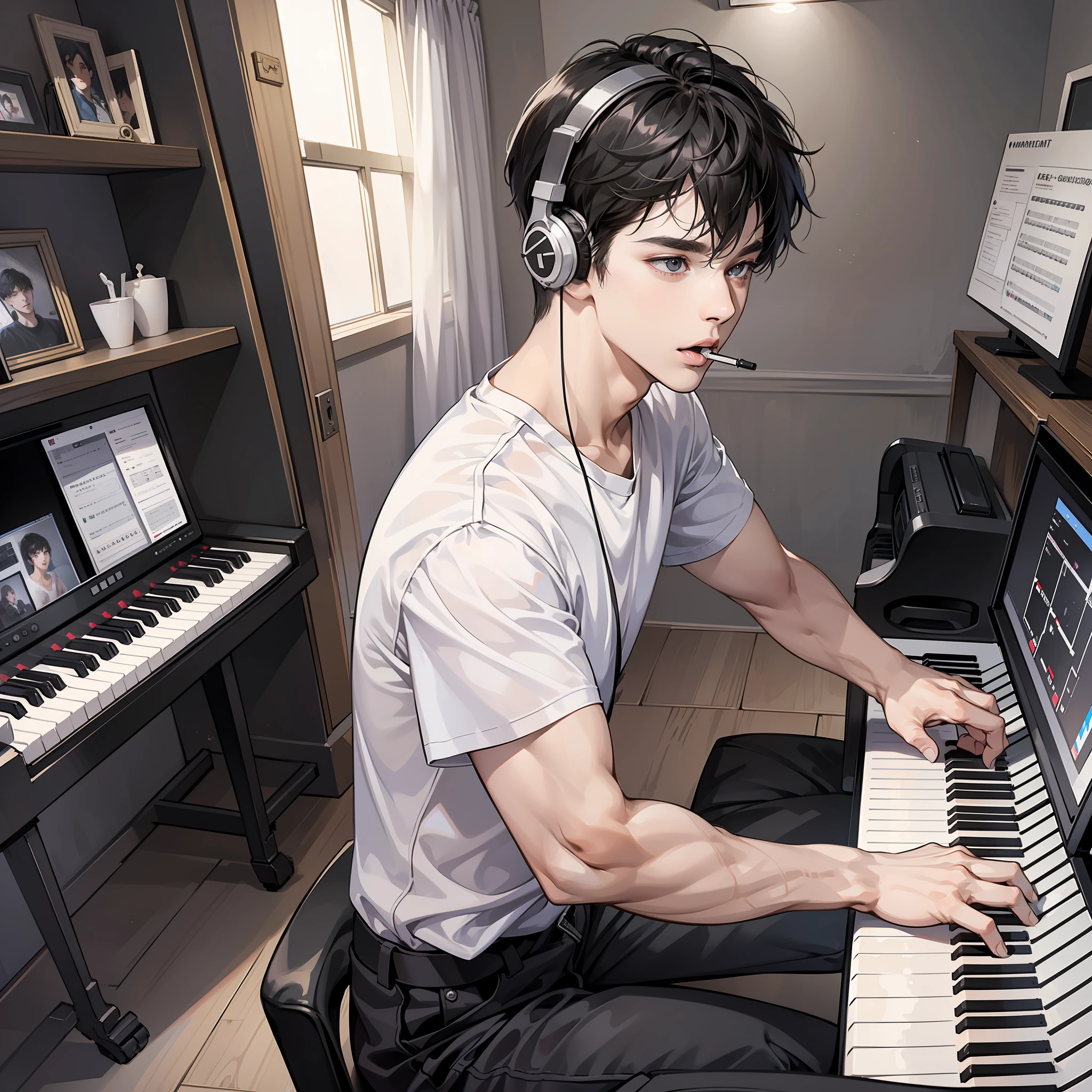 Masterpiece, high quality, best quality, HD, realistic, perfect lighting, detailed body, 1 man, short black hair, white t-shirt, wearing headphones, singing with mouth open, playing piano, computer, far view, in the room, at night