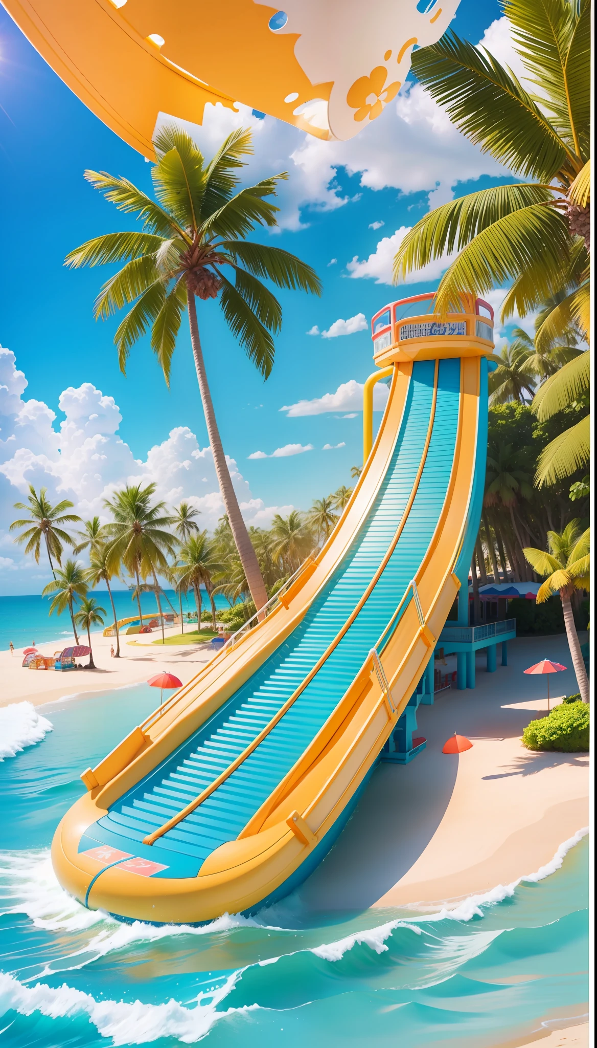 Summer seaside, surfing slide park, sunny weather, clear sky, sunny, colorful, happy summer vacation, amusement park on the beach, lots of fruit and coconut trees, close-up, brilliant sunshine