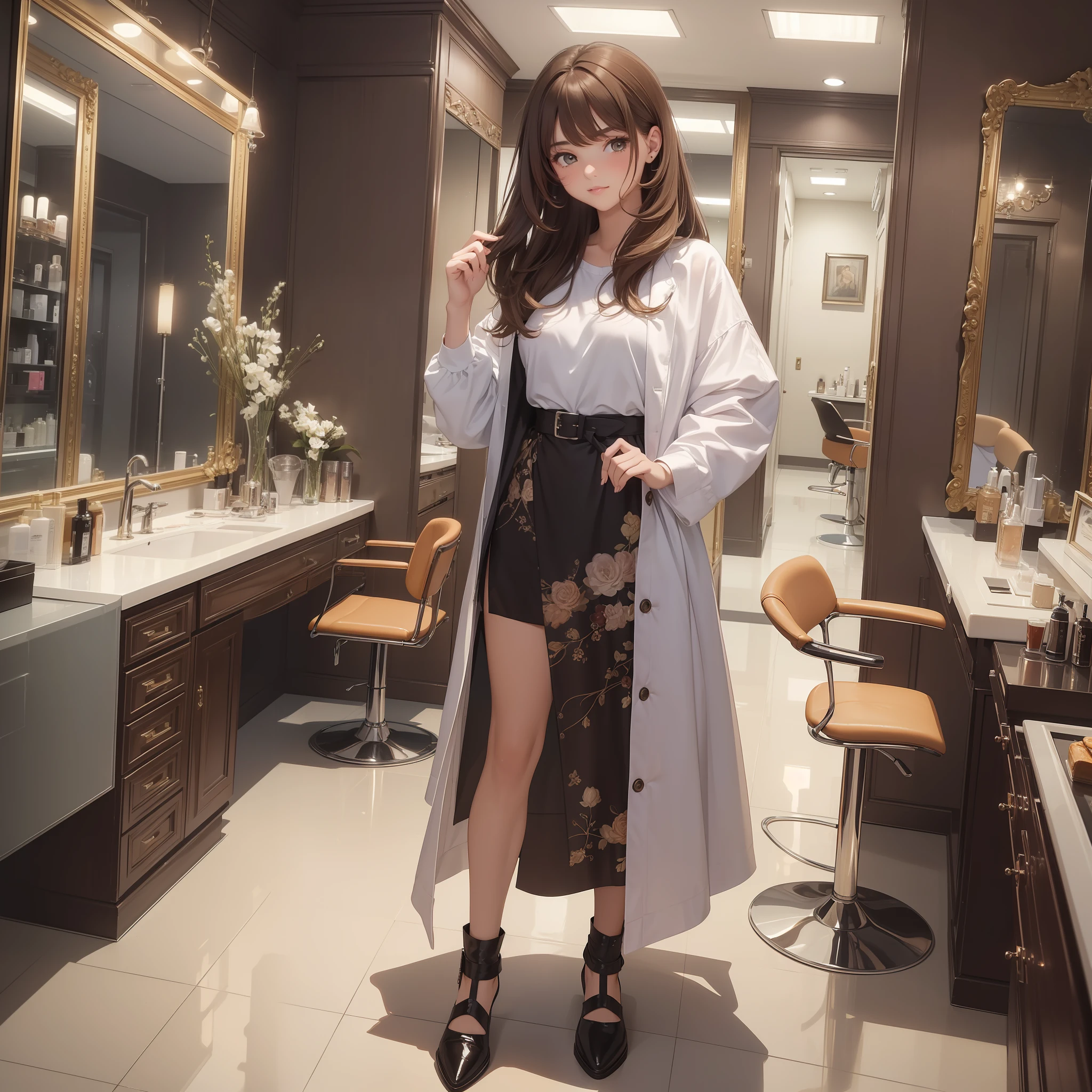 (Best Quality: 1.3), 8K, (Masterpiece: 1.3), Ultra High Definition, 1 Girl, (Hairdresser: 1.5), (Beauty Salon: 1.5), (Fashionable: 1.5), (Brown Hair: 1.5), (Full Body: 1.4), Cute Face, Lovely Face, Medium Hair, Serious, 18 years old,