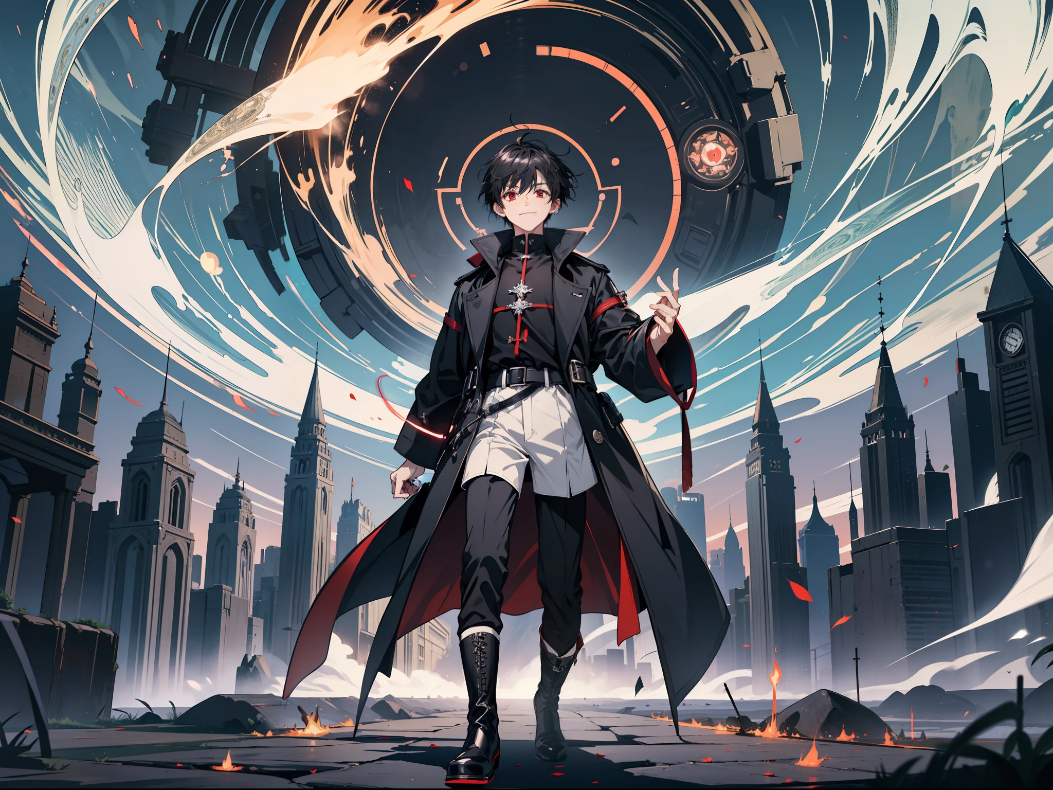 (Ridiculous, High Resolution), (Panorama), , Red Eyes, Short Hair, Black Hair, Smile, White Underwear, Black Trench Coat, Black Pants, Black Boots, (Hands White Magic Streamer), Ancient Magic, Elegance, Middle Ages Style, Square, Magic Bloom, Aura Behind, Daytime, Antique, Crowd Surrounded