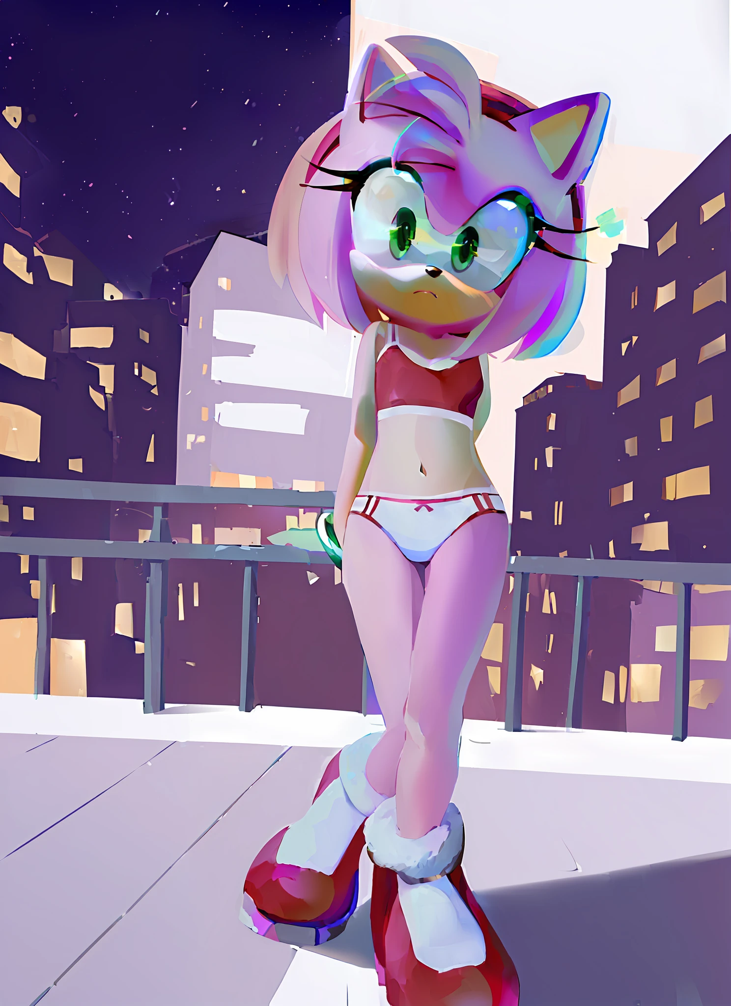"(((masterpiece))),4k resolution,extremely delicate and beautiful,dynamic angle and pose,(1girl), animal nose,. Amy rose,withe sport bra, white panties, sfw, (( thin )), girl, (( thin legs )), golden brasalet both arms, alone, looking at viewer, night, city background, on building roof, little breast