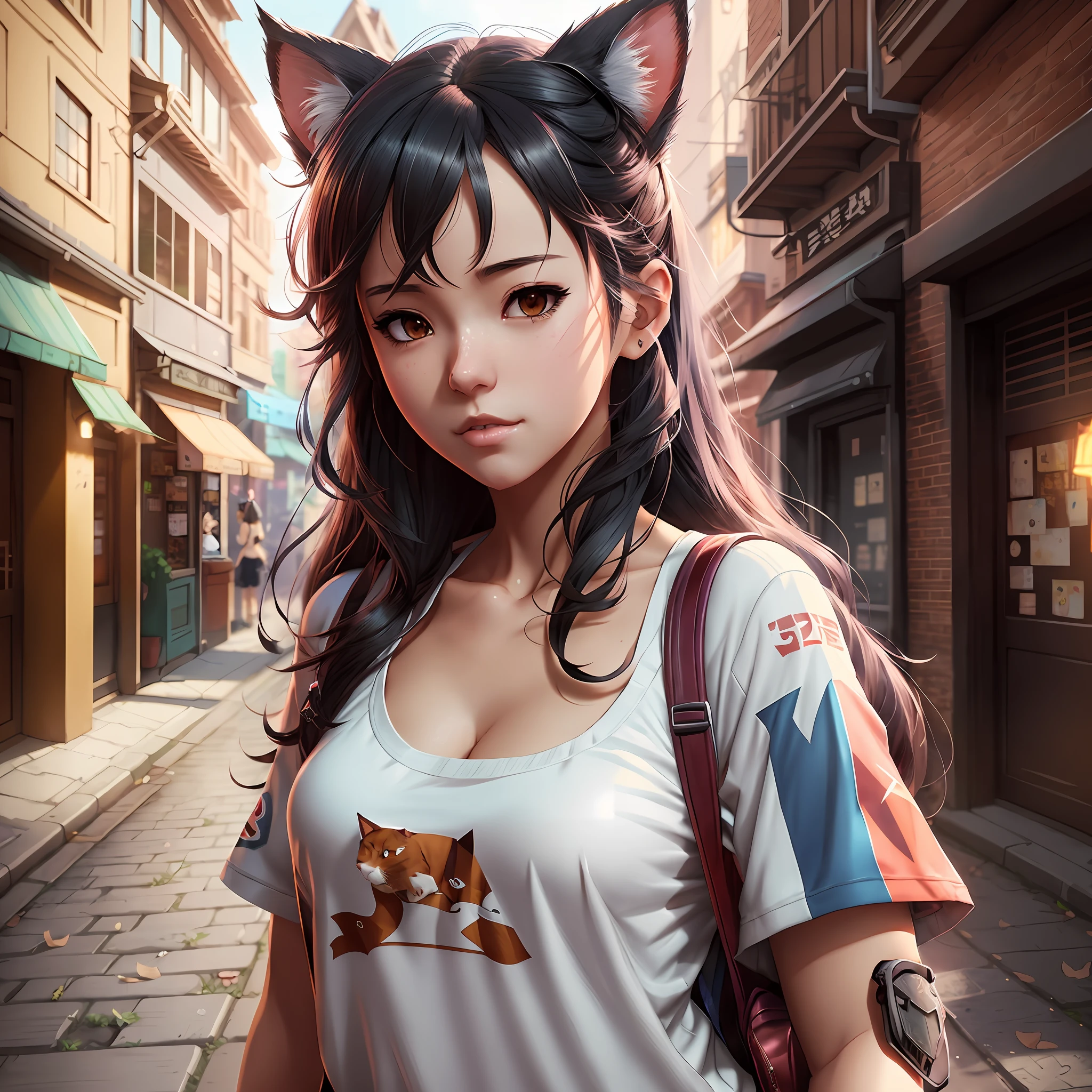 there is a woman with a cat ears and a backpack, artwork in the style of guweiz, realistic anime 3 d style, alena aenami and artgerm, ross tran 8 k, beautiful young catgirl, ilya kuvshinov and artgerm, artgerm. anime illustration, artgerm and ilya kuvshinov