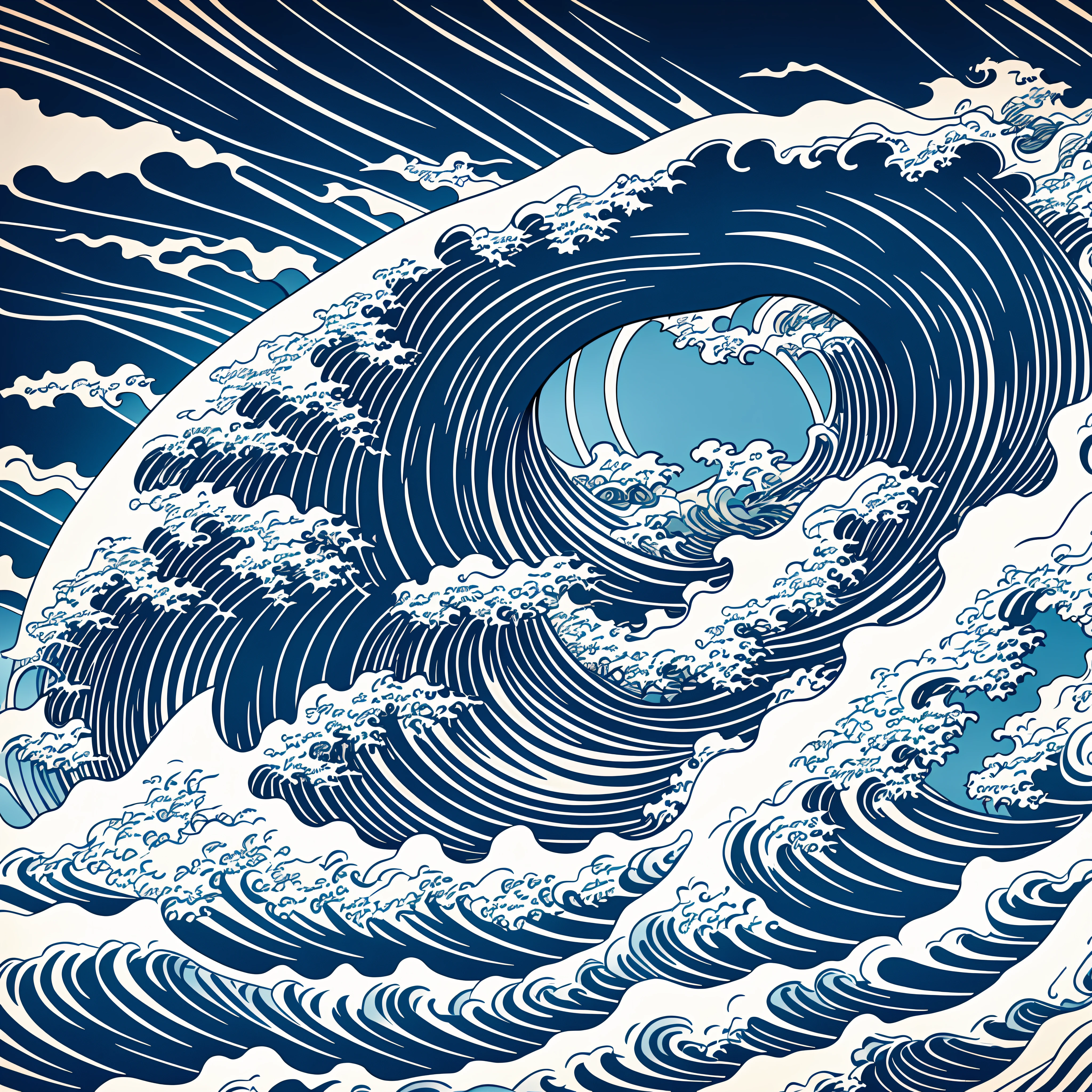 Katsushika Hokusai-style line art design, Hokusai-style dark blue rough wave pattern design. The tip of the wave is the head of a dragon, the highest quality, masterpiece high resolution ukiyo-e style. Artistic style, 1:1, ukiyo-e style, 3D vector art, Adobe Illustrator, 4K resolution, gorgeous backgrounds only