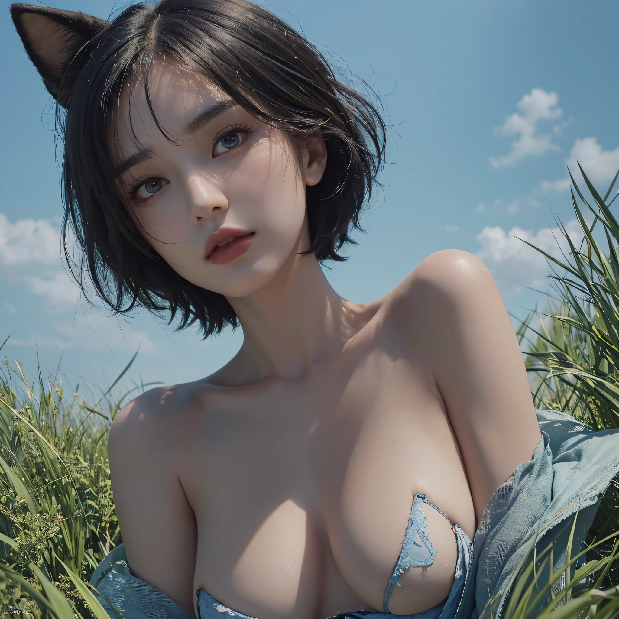 (Best Quality, High Resolution, Masterpiece: 1.3), a tall perfect woman with a slim figure, (sky blue short hair, black clothes Catgirl), dressed sexy revealing, in the grass, details of face and skin texture beautifully presented, detailed eyes, double eyelids, sexy pose, realistic, large breasts exposed, full body shot