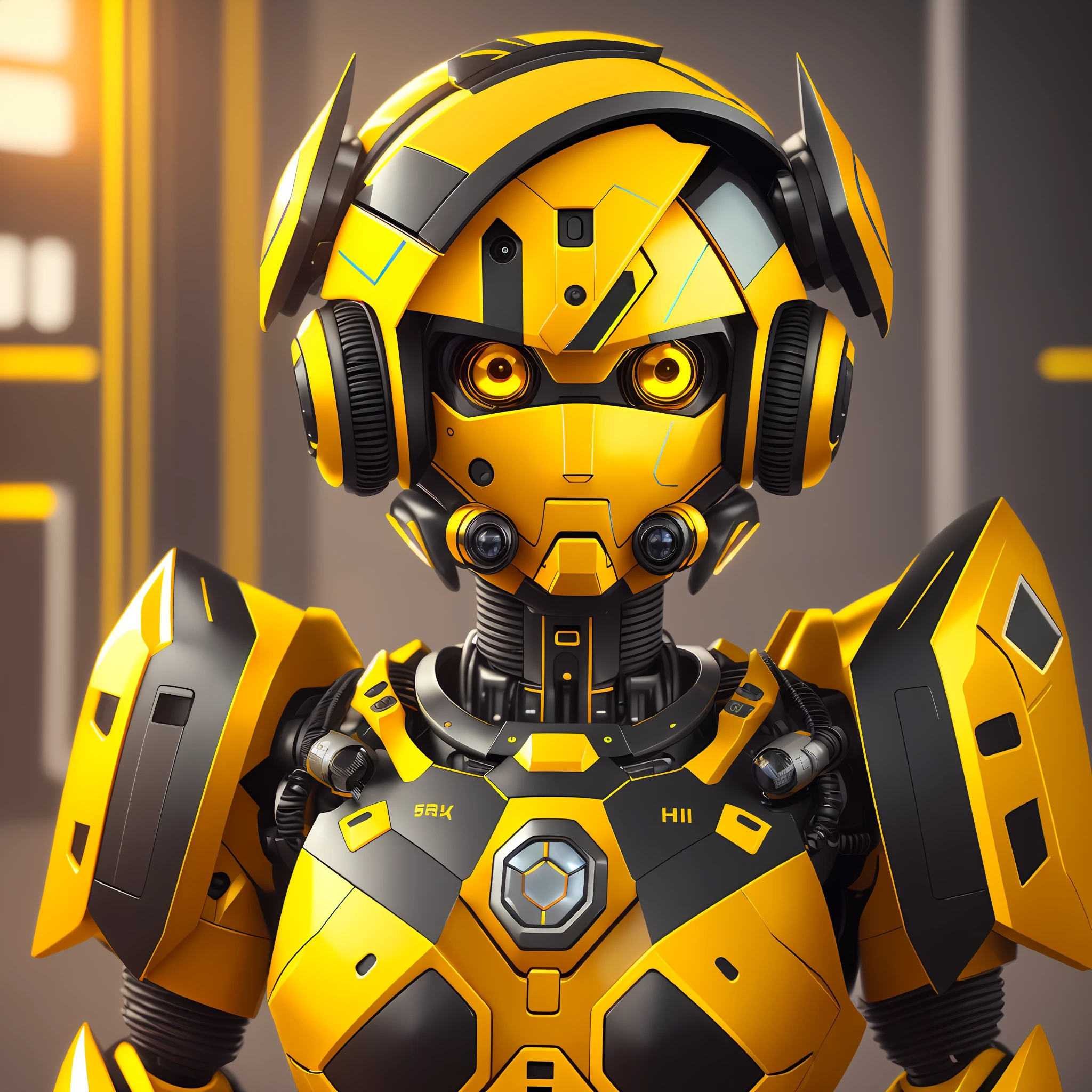 A close-up of a robot wearing a helmet and a pair of headphones, beautiful robot character design, yellow cyborg eyes, portrait of a futuristic robot, cyberpunk bee, cyberpunk cyborg wasp, yellow mech, girl in mecha cyber armor, sci-fi robot woman, 3 D rendered character art 8 K, symmetry! Futuristic robot with HIC logo on the chest of the robot