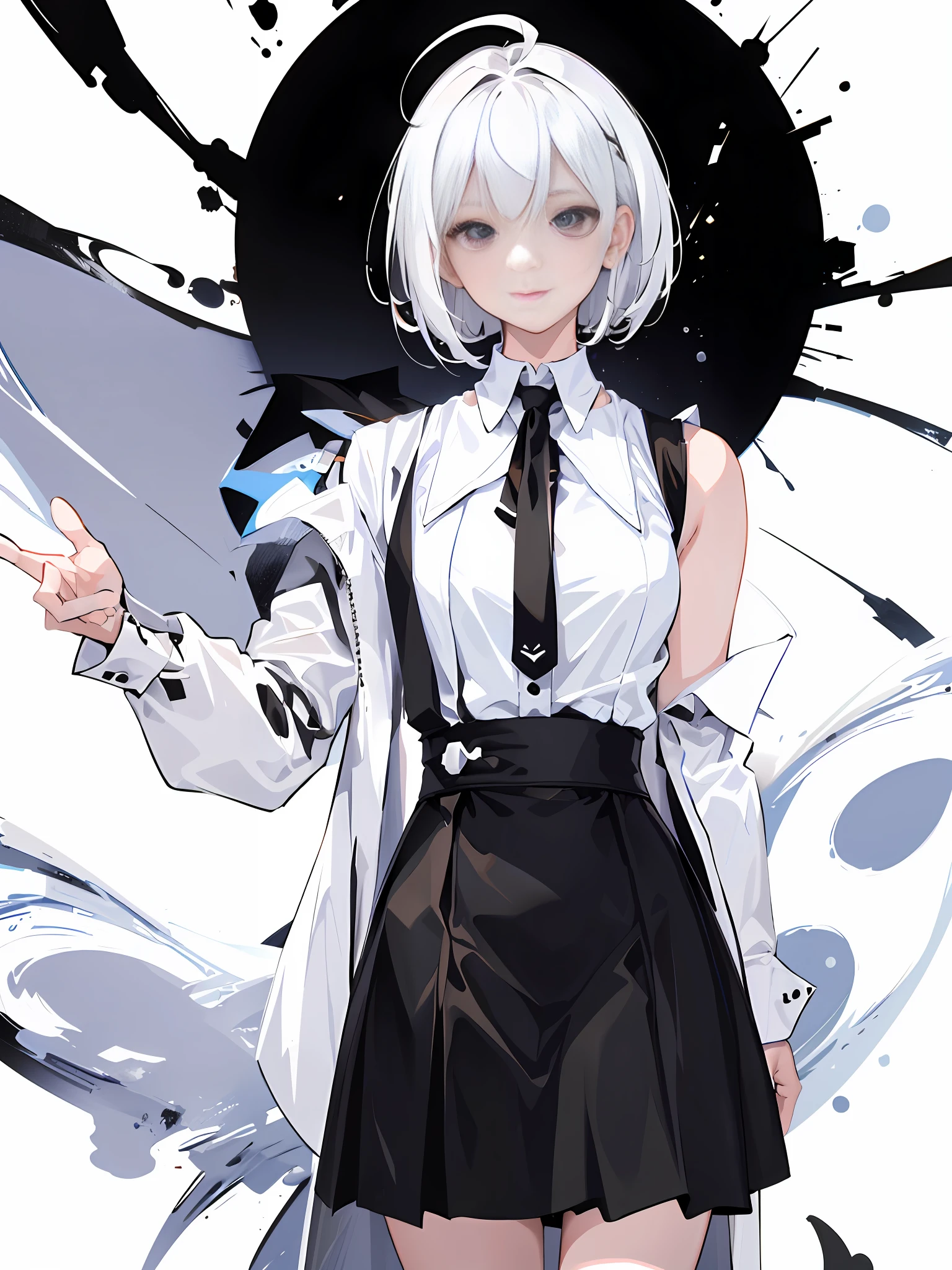 ((masterpiece, best quality)), (1girl), (single), (female importance), (no hair loss, short white hair), black eyes, ((white shirt), (buttoned shirt)), ((black skirt), (short skirt)), standing, white background, arms back.