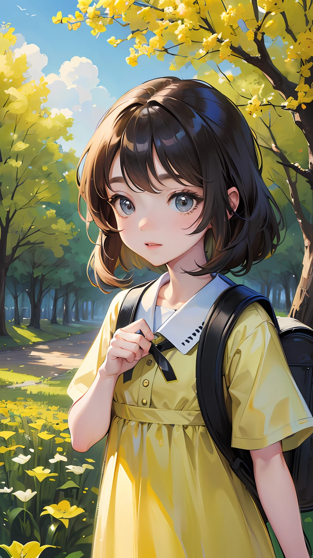 Tip: A very charming little girl with a backpack and her cute puppy enjoying a lovely spring outing surrounded by beautiful yellow flowers and nature. The illustration is a high-definition illustration in 4k resolution, featuring highly detailed facial features and cartoon-style visuals. --auto --s2