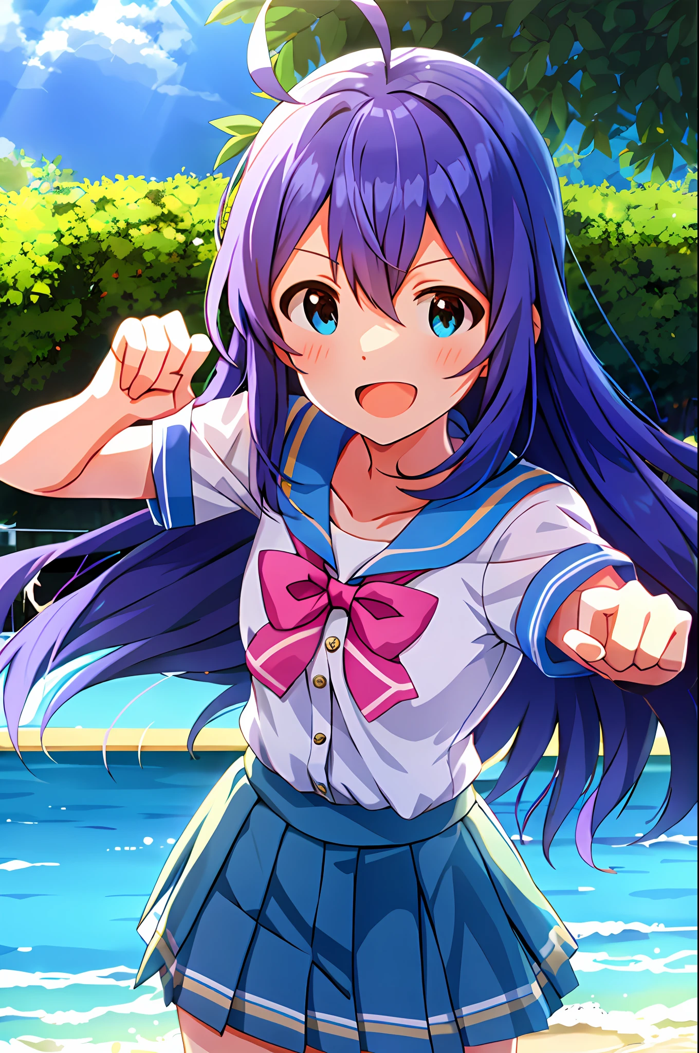Anna Mochizuki (Million Live), Shiny Trinity \ (Costumes), (Top Quality, 8K, Masterpiece, Super Detail: 1.2), Sea, Sun, Dappled Sunlight, Blue Sky, Beautiful Clouds,
1 girl, solo, skirt, smile, open mouth, V, watch viewer, white sailor collar, blue shirt, sailor collar, blue skirt, pleated skirt, short sleeve, :d, shirt, school uniform, blush, serafuk, collarbone, bow, ribbon, blue bow.fighting stance.make a fist.