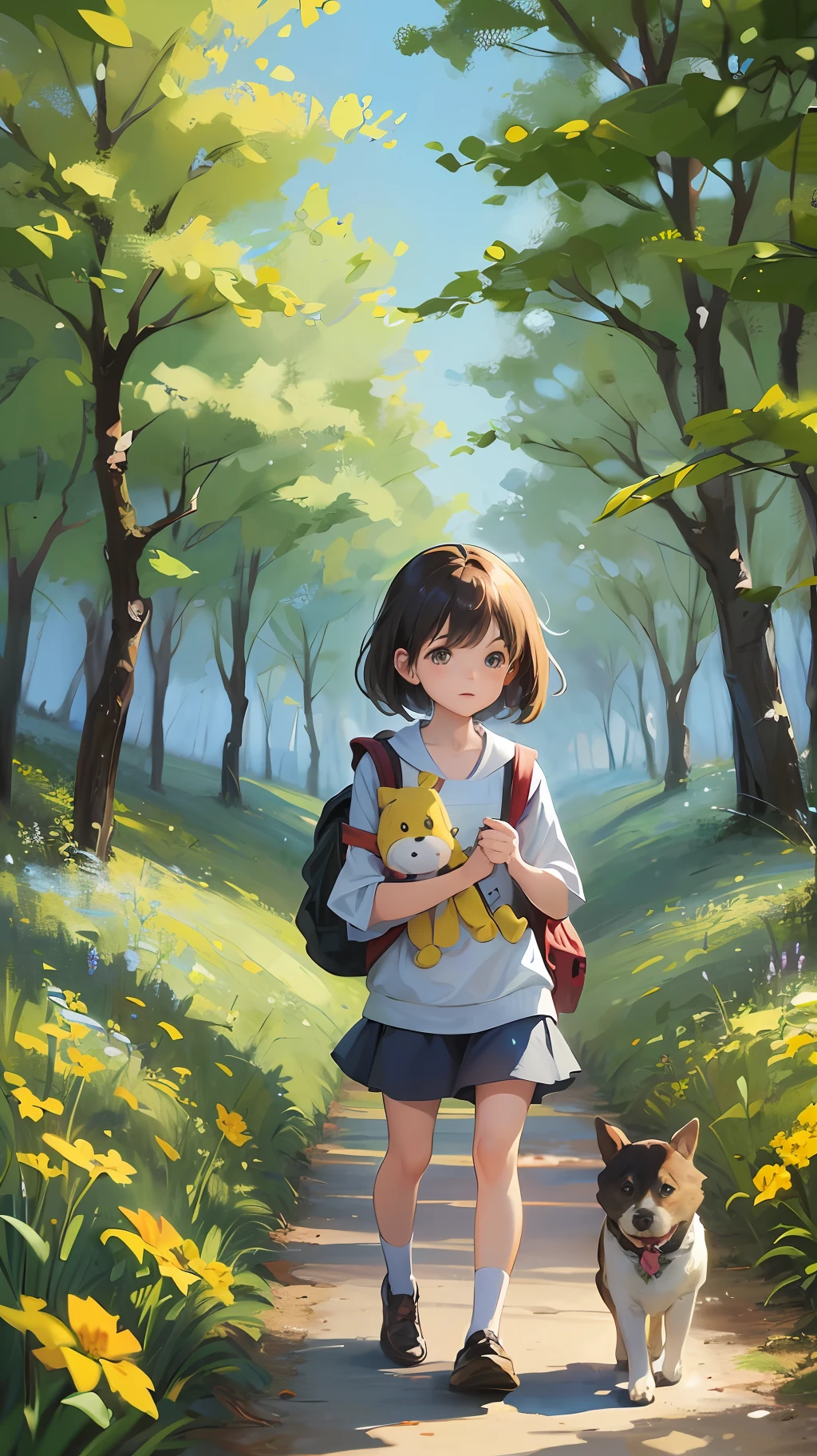 Tip: A very charming girl with a backpack and her cute puppy enjoying a lovely spring outing surrounded by beautiful yellow flowers and nature. The illustration is a high-definition illustration in 4k resolution, featuring highly detailed facial features and cartoon-style visuals. --auto --s2