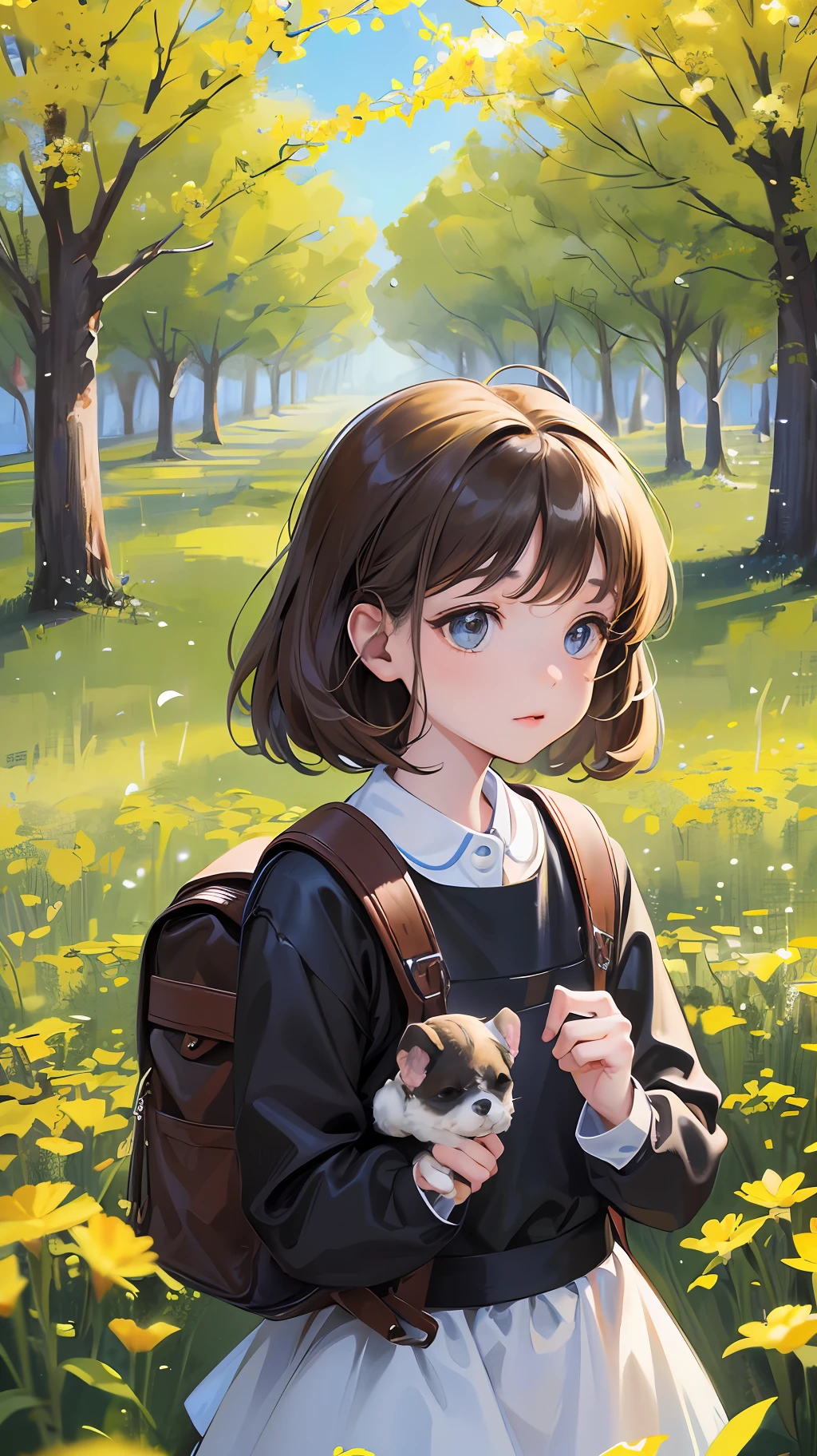 Tip: A very charming little girl with a backpack and her cute puppy enjoying a lovely spring outing surrounded by beautiful yellow flowers and nature. The illustration is a high-definition illustration in 4k resolution, featuring highly detailed facial features and cartoon-style visuals. --auto --s2