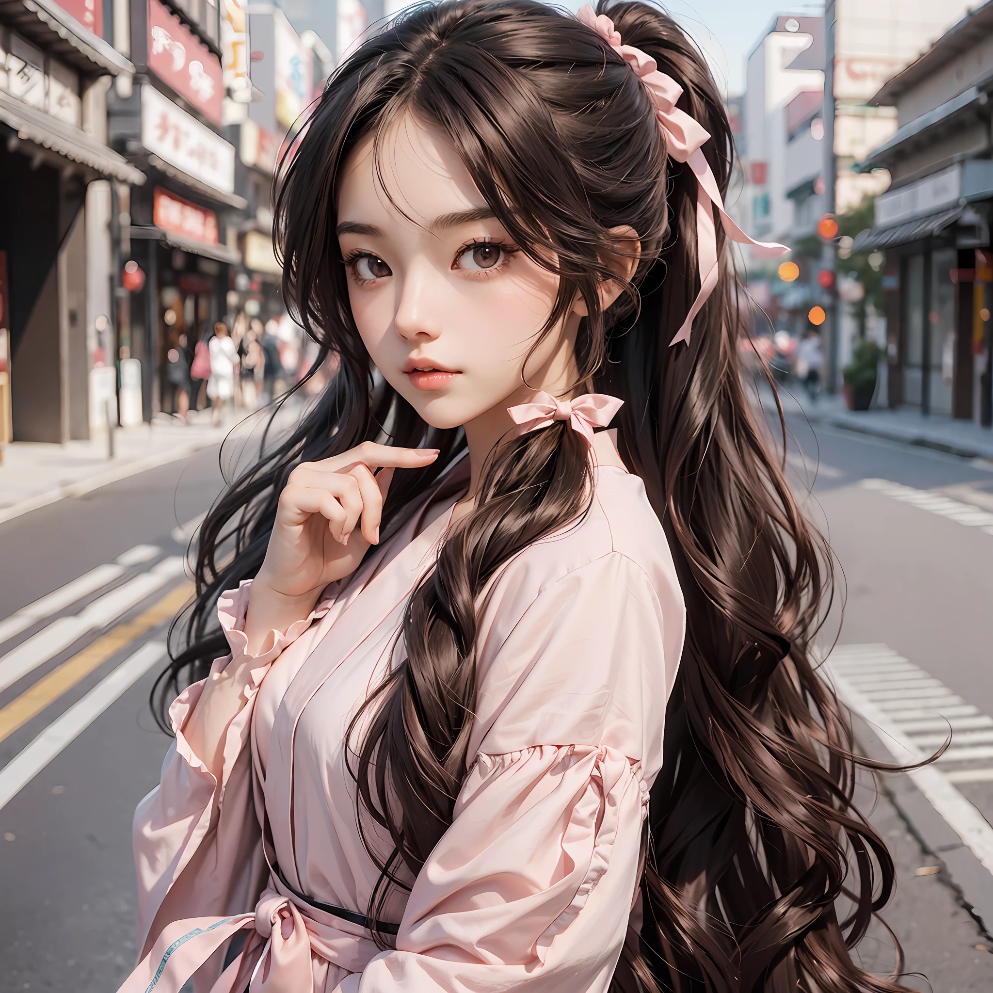 long hair,wavy hair,low ponytail,ribbon,dark brown hair,Feminine,light rose pink makeup,brown eyes,posing confidently with a finger to her lips, in a Japanese anime style with a high angle on a white background. --auto --s2