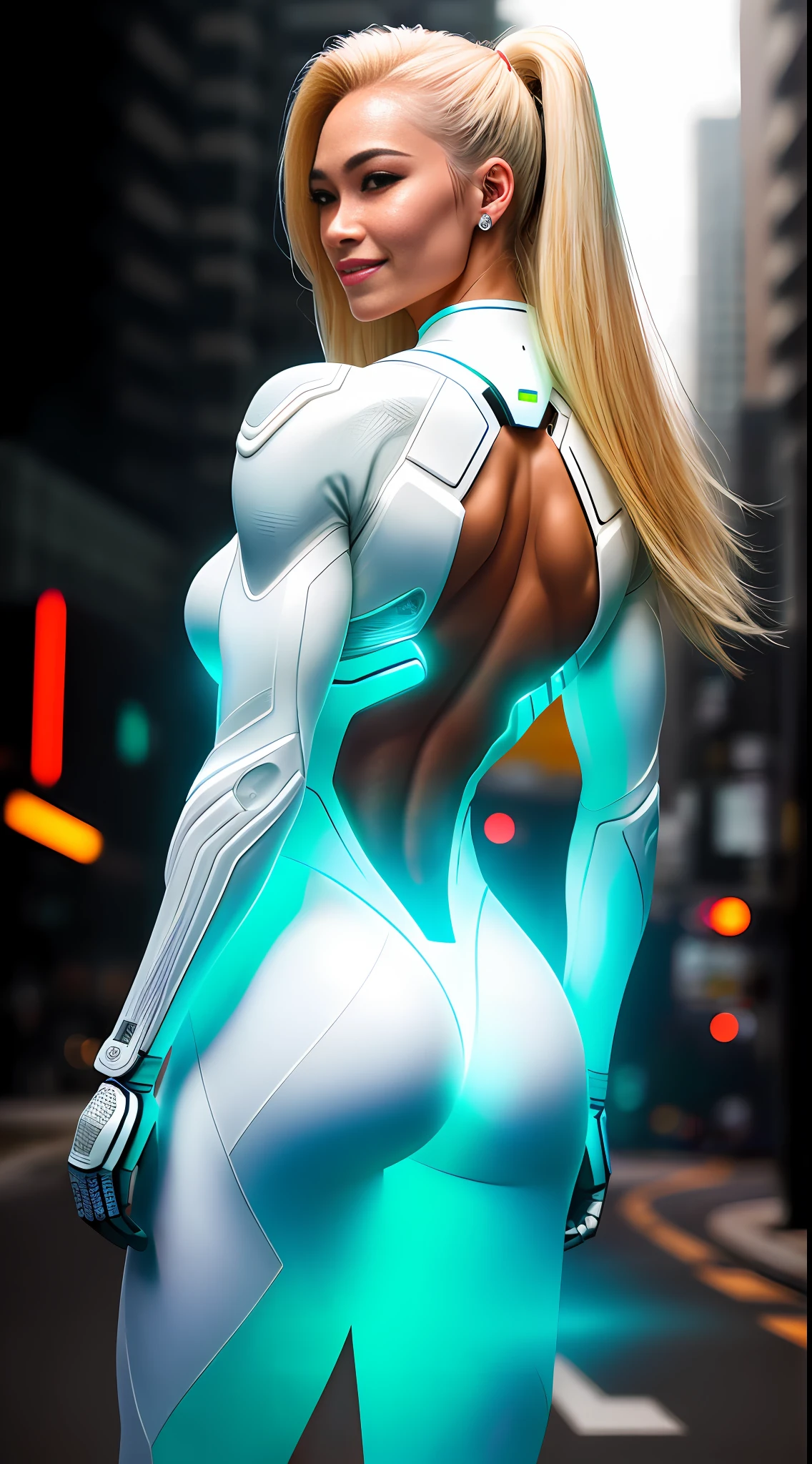 cyberpunk portrait photography, beautiful young thai woman with blonde hair, bodybuilder physique, looking off camera in glowing futuristic, smile, white superhero outfit, smiling, happy, super realistic face, natural skin, soft light, rim light, hips, in road side, detailed background, intricate , highly detailed, octane render, HD, 8k, by Annie Leibovitz,120mm, light shine from the back through her hair