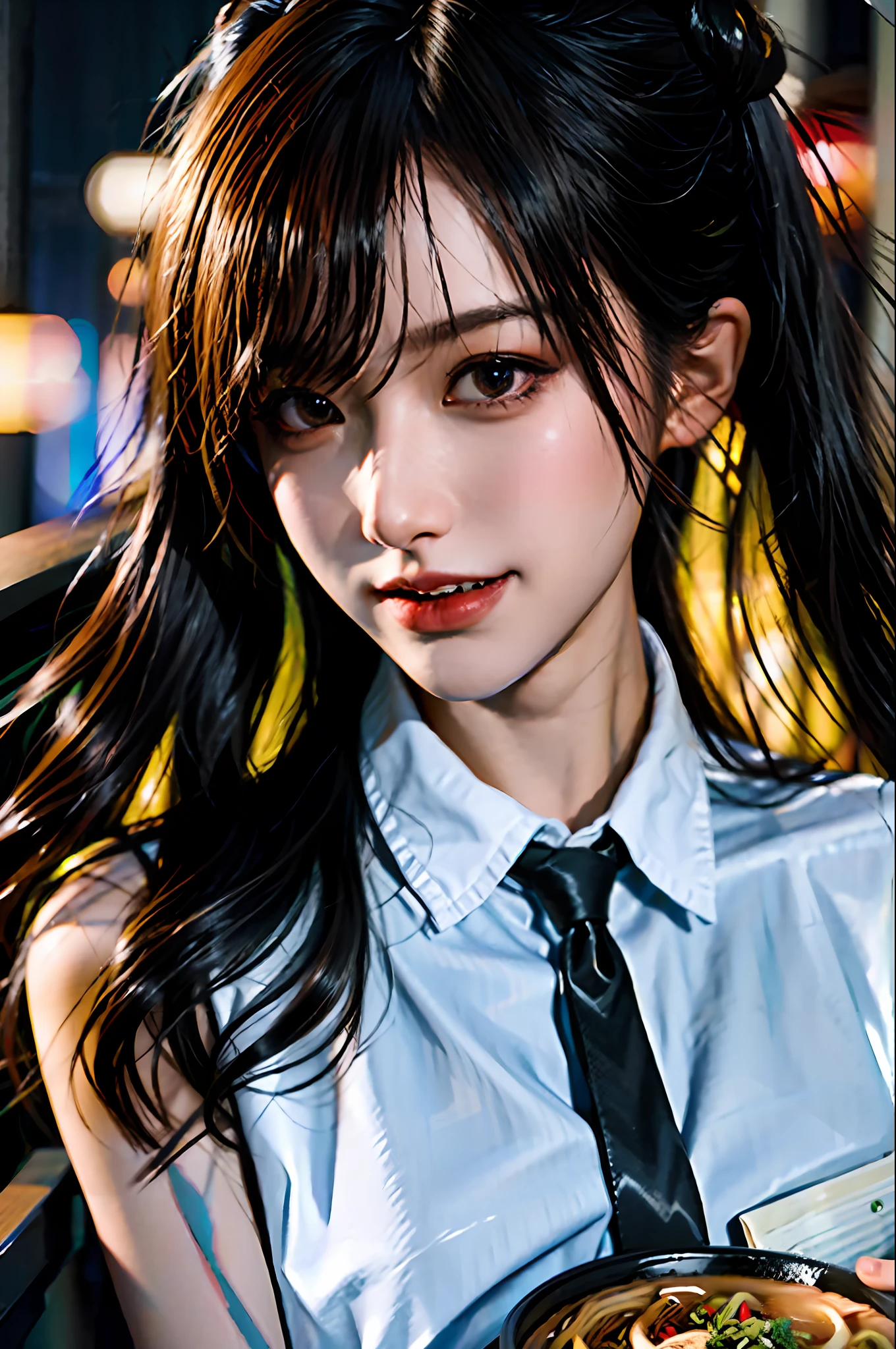 (masterpiece), best quality, ultra high res, close up, slim body, 1girl,school uniform, long hair, laughing, ramen, night, Tokyo restaurant background, colorful lights, photon mapping, radiosity, physically-based rendering, cinematic lighting, intricate, High Detail, Sharp focus, dramatic, photorealistic