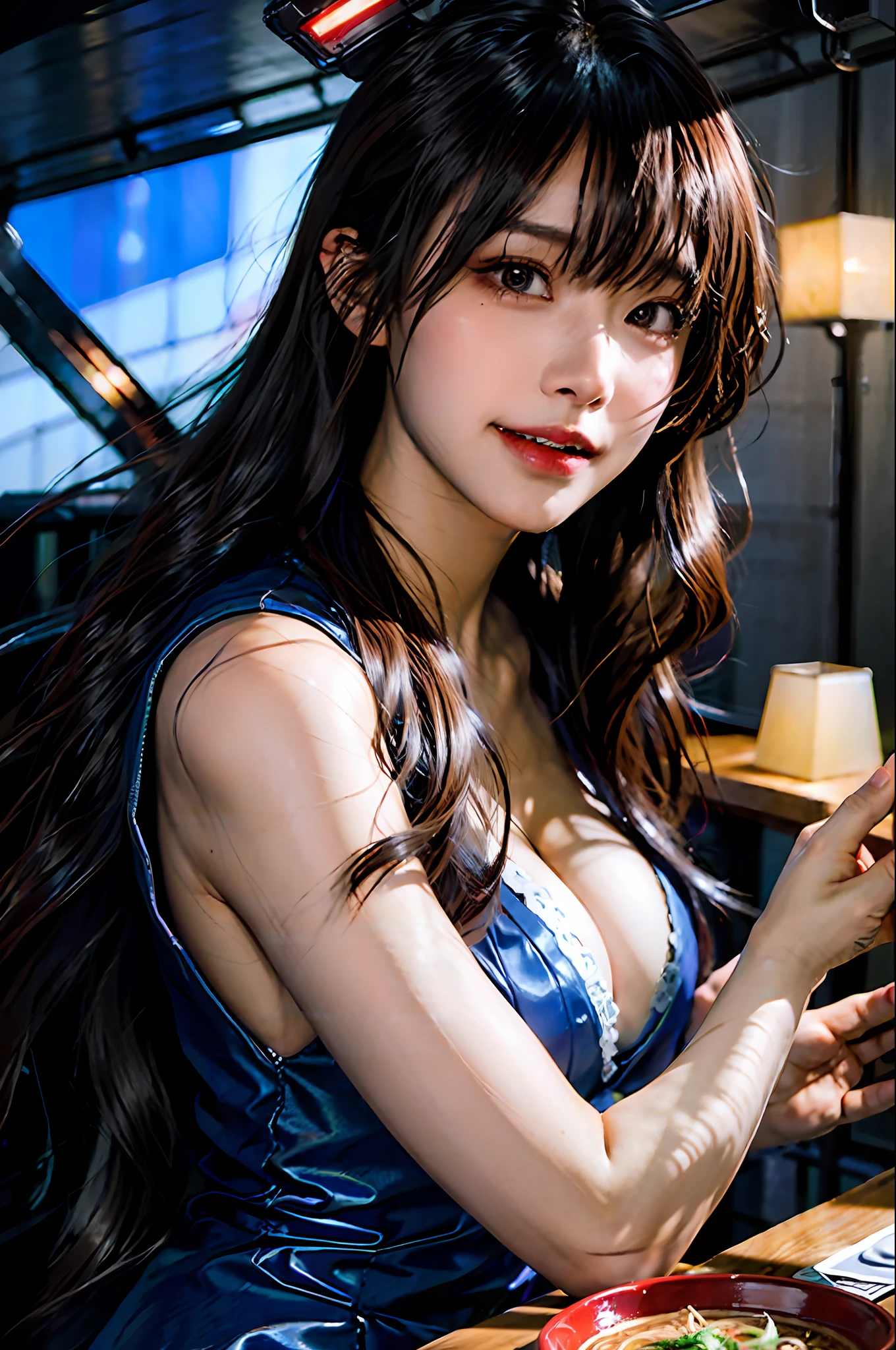 (masterpiece), best quality, ultra high res, close up, slim body, 1girl,school uniform, long hair, laughing, ramen, night, Tokyo restaurant background, colorful lights, photon mapping, radiosity, physically-based rendering, cinematic lighting, intricate, High Detail, Sharp focus, dramatic, photorealistic