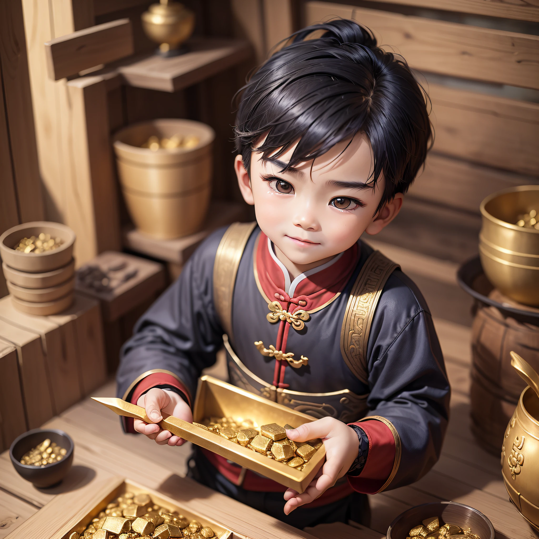 A cute Chinese boy is picking up a lot of gold ingots, cornucopia, laughter, realistic, humanoid, tiny, sword eyebrows, stars, cool handsome hairstyle --auto --s2