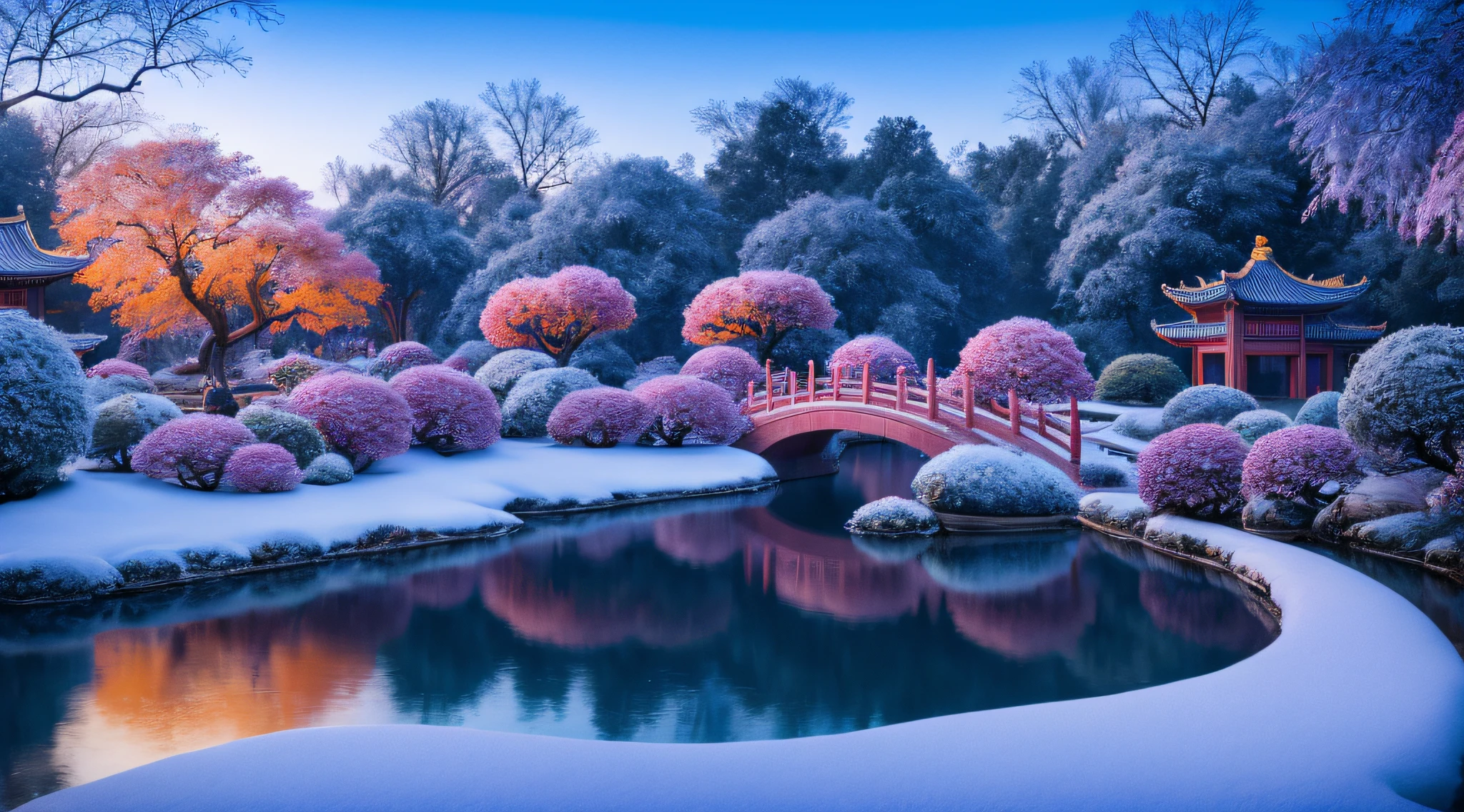 masterpiece, best quality, high quality, extremely detailed CG unity 8k wallpaper, A breathtaking photorealistic image of a classical Chinese garden in the midst of winter. The garden is adorned with delicate and ornate structures, including traditional pagodas, stone bridges, and intricately carved pavilions, all covered in a light dusting of snow. The surrounding landscape is serene, with frozen ponds reflecting the surrounding elements. The atmosphere is calm and peaceful, with a subtle mist lingering in the air, adding an ethereal touch. The image is captured with a high-resolution camera, allowing for intricate details to be visible, such as the intricate patterns on the buildings and the delicate frost on the flora. The lighting is soft and diffused, casting a gentle glow over the scene, while the colors are muted and serene, emphasizing the tranquility of the winter garden.