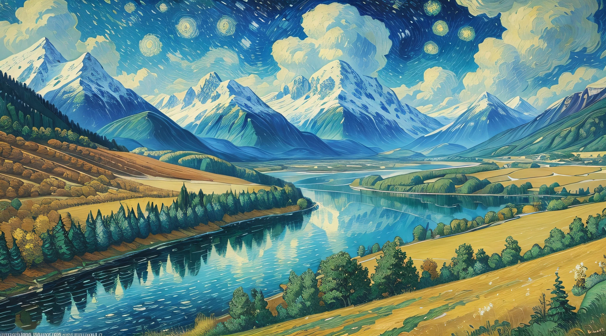 Van Gogh oil painting, majestic, mountains, waterfalls, forests, white clouds, lakes, villages, 8K, fine details, HD --auto --s2