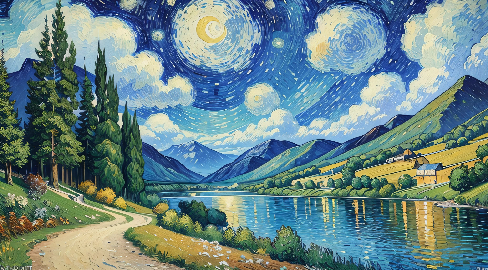 Van Gogh oil painting, majestic, mountains, waterfalls, forests, white clouds, lakes, villages, 8K, fine details, HD --auto --s2