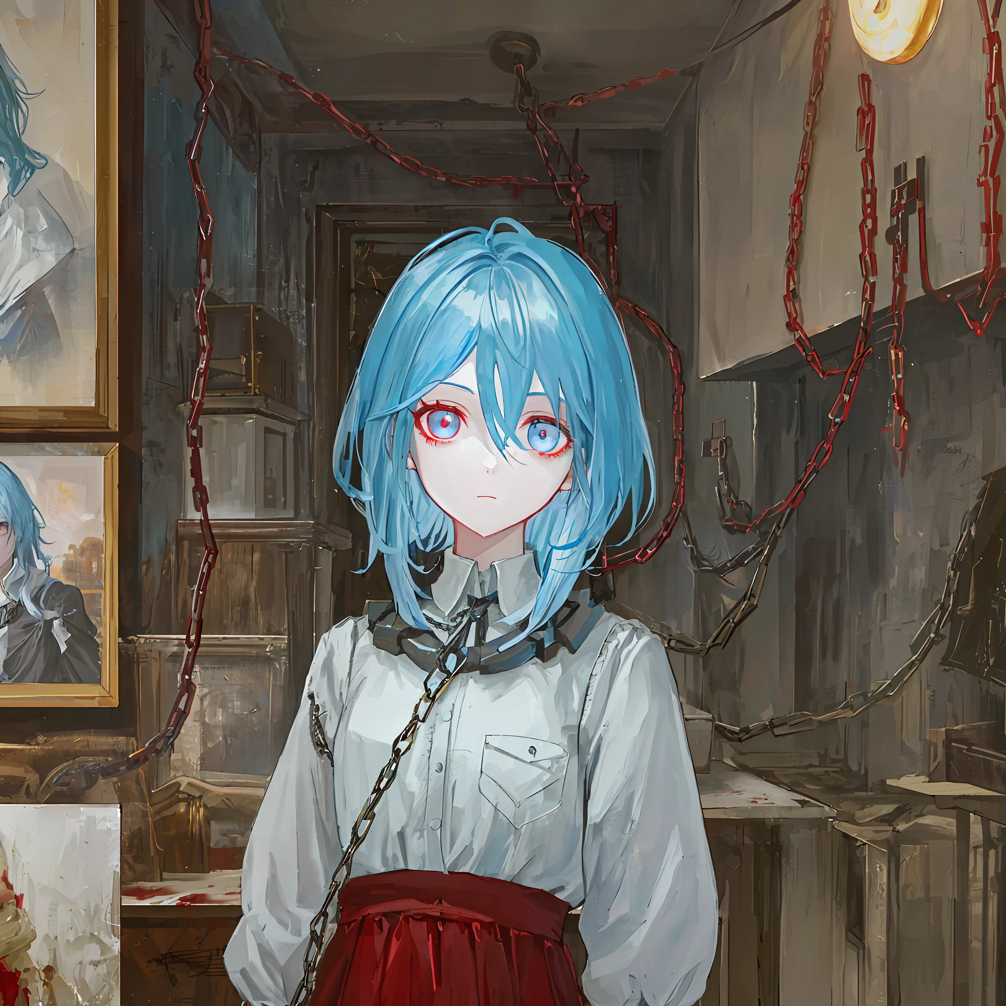 1 girl, upper body, light blue hair, red eyes, blood, chains, dim light, indoors, paintings, portraits