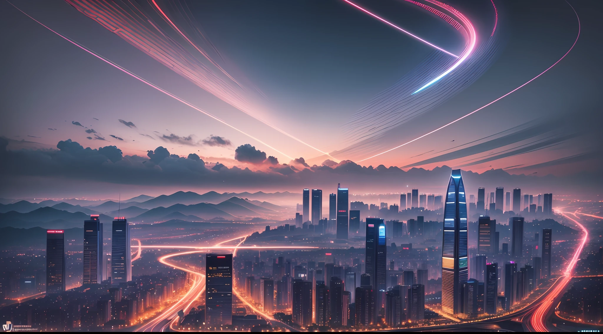 Guiyang, city skyline, Radio wave visualization, digitigrade, Sense of technology, cool color tones, lamplight, cinematic lighting, atmospheric perspective, panorama, Hyperrealism, high detail, UHD, super detail, award winning, 16k, ccurate --auto --s2