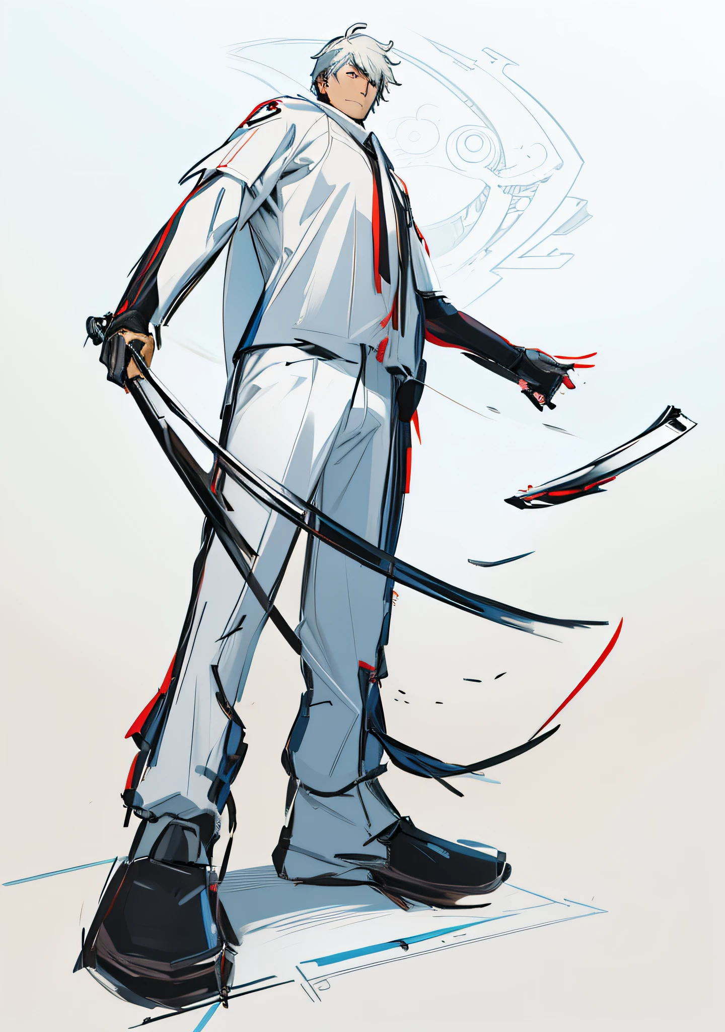 Drawing of a man with a katana in his hand, clean anime silhouette, art style of sketching, line sketch, man holding a taikana, man holding a taikna, full body concept, anime sketch, full body character drawing, on a rainy night, a man with short hair standing, wearing a suit, large perspective, holding a knife, master work, best picture quality, higher quality, high detail, illustration, cinematic lighting, full body shot, standing,