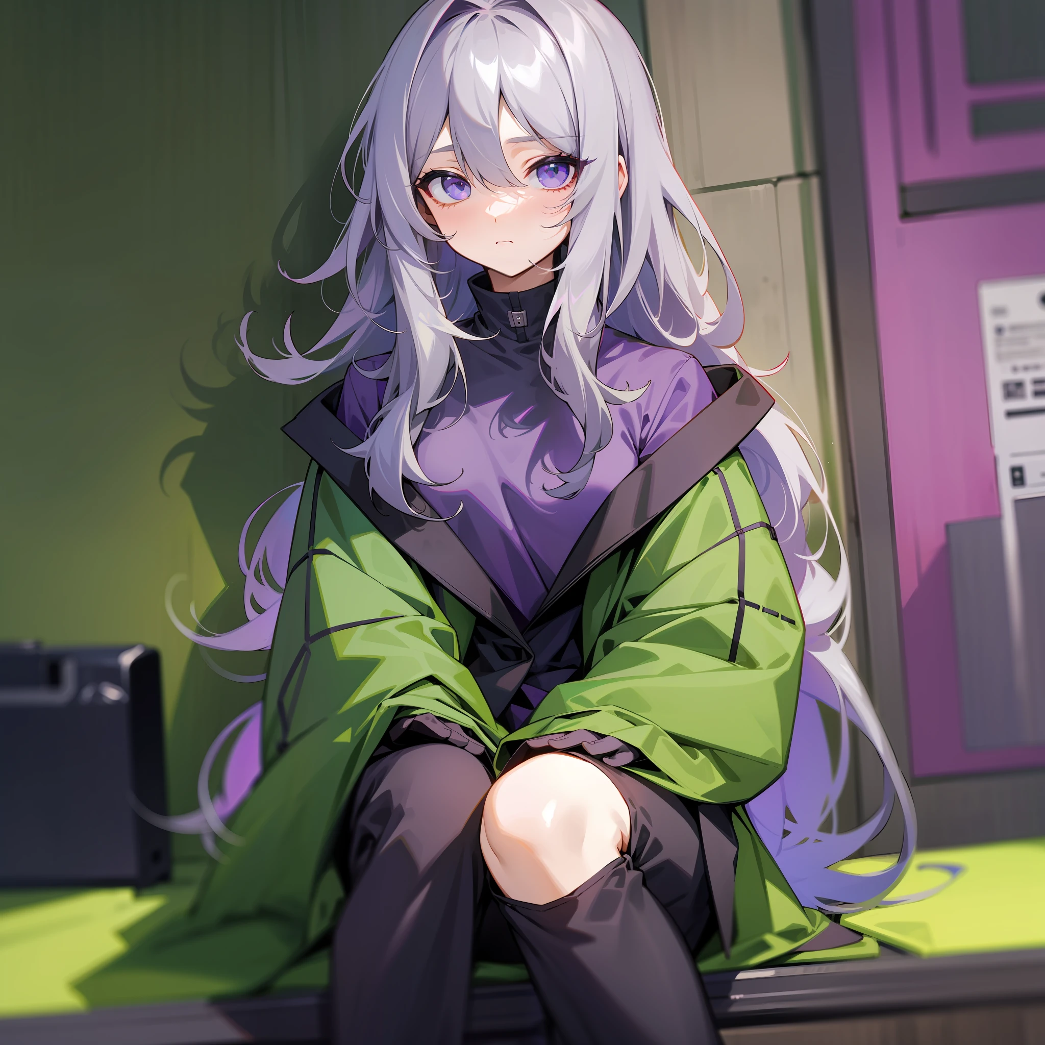 Gray hair, medium long hair, purple shirt, green coat, black pants, black shoes, extra long dull hair, girly, introverted, rough eyes, cute --auto --s2