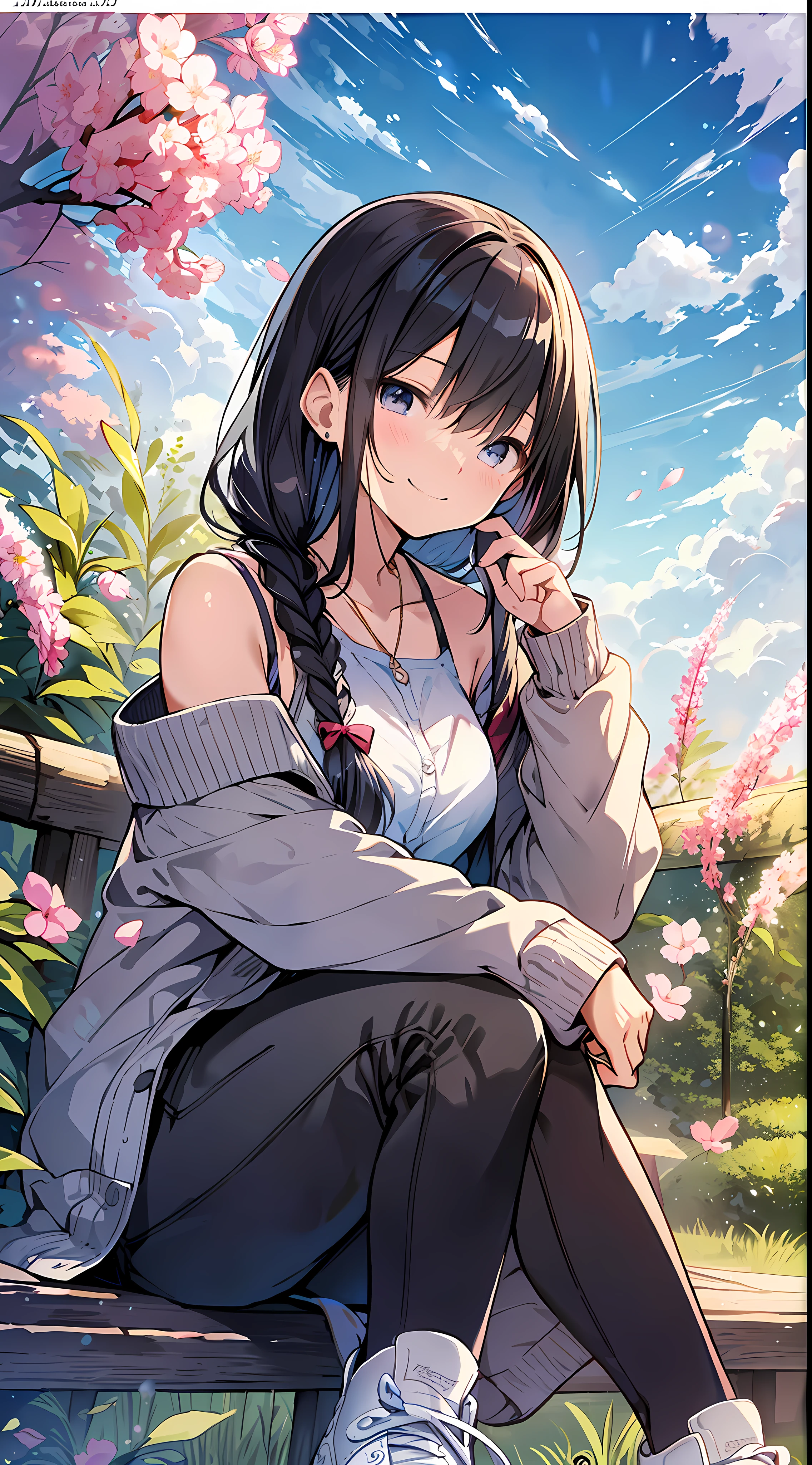 Top Quality, Masterpiece, Ultra High Definition, 8K, Summer Sky, Early Summer, (Pants, Sheer Cardigan, Sneakers), Shojo Manga Style Loli, One, Soft Line Art, Digital Enhancement, Shoujo Manga Touch, Shojo Manga Core, Flowing Fabric, Close Up, (Shoulder Length and Short Braid)), Wet Hair, Soft Drawing, Beautiful Black Hair, Clear Eyes, ((Teasing smile)) , Ultra-detailed digital anime art, clear face depiction, ultra-detailed shoujo manga character art, clear facial features, ultra-detailed manga style, top quality colors, hand gestures, landscape with nature, looking up at the sky, angle to see up to your feet, sit