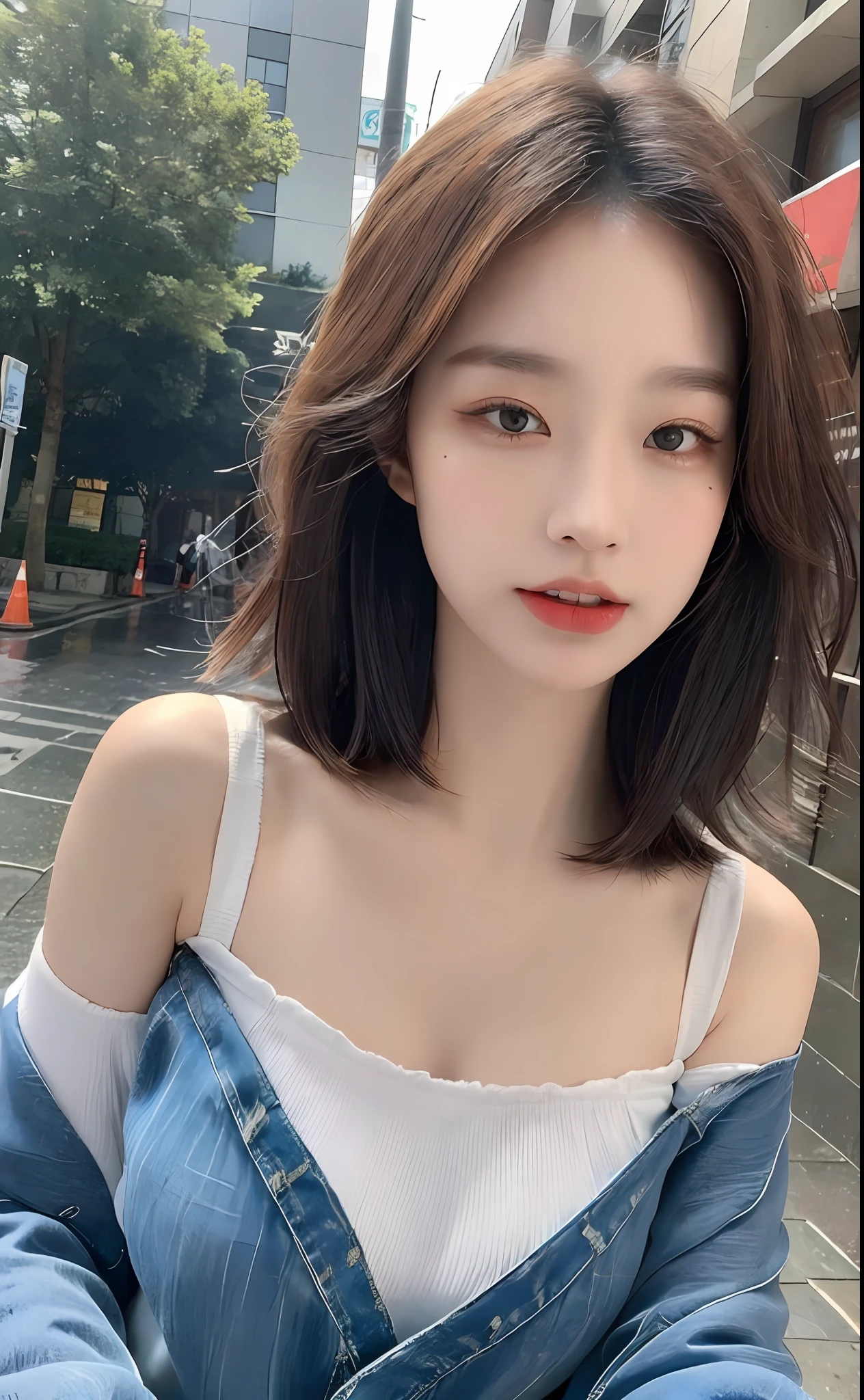 ((Best Quality, 8k, Masterpiece: 1.3)), Focus: 1.2, Perfect Body Beauty: 1.4, Buttocks: 1.2, ((Layered Haircut)), (Wet Clothes: 1.1), (Rain, Street:1.3), (Newspaper Dress: 1.5), Highly detailed face and skin texture, Detailed eyes, Double eyelids, Whitened skin, Long hair, (Shut up: 1.5), Bare shoulders, close-up of shoulders