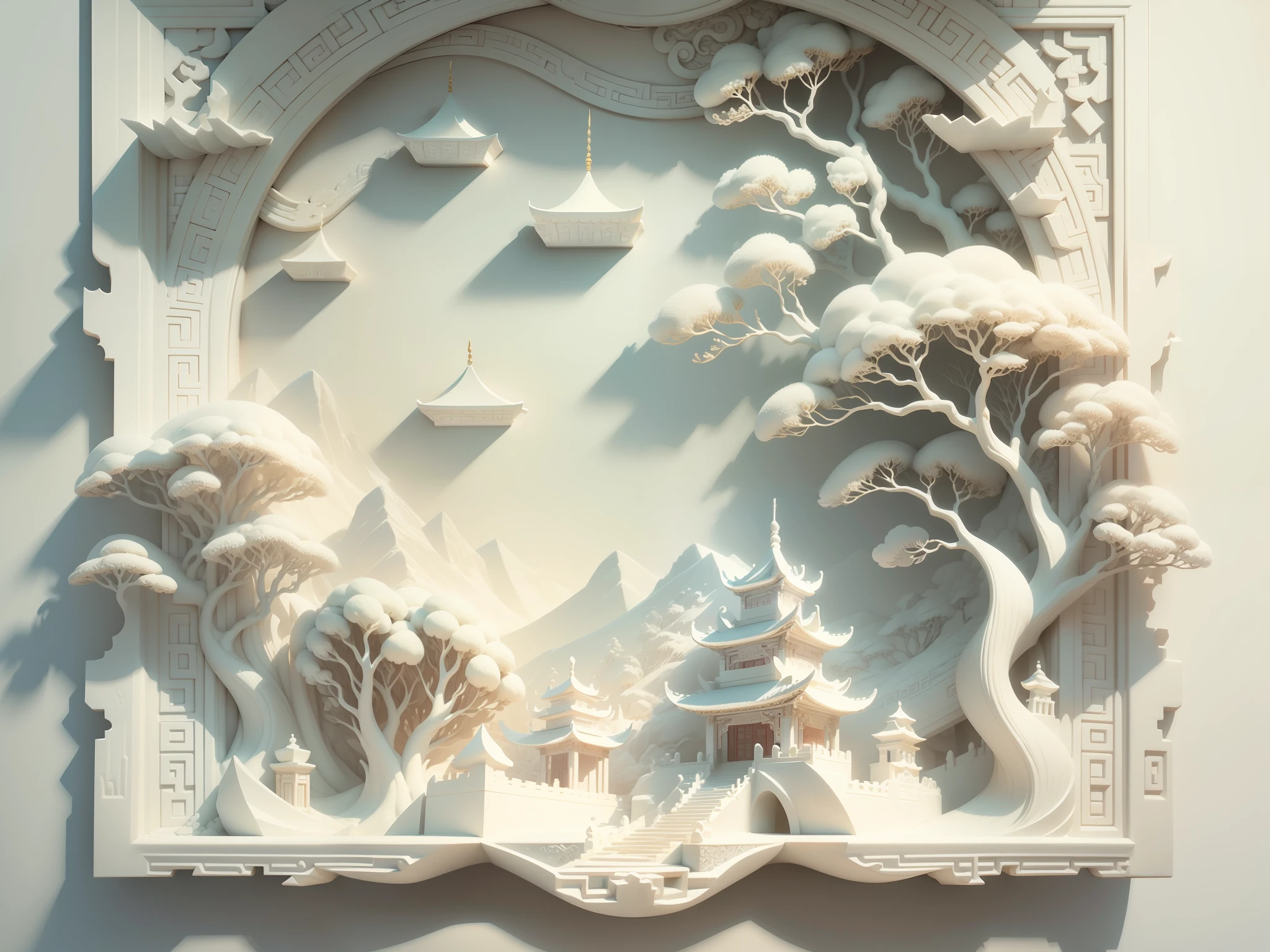 3D white relief, meticulously carved, white ivory carving, chinese illustration on white background, pastel, traditional chinese style, oriental landscape painting, multidimensional paper fog crafts, paper illustration, super wide angle view, dream, 8k, romantic, high resolution, 8k