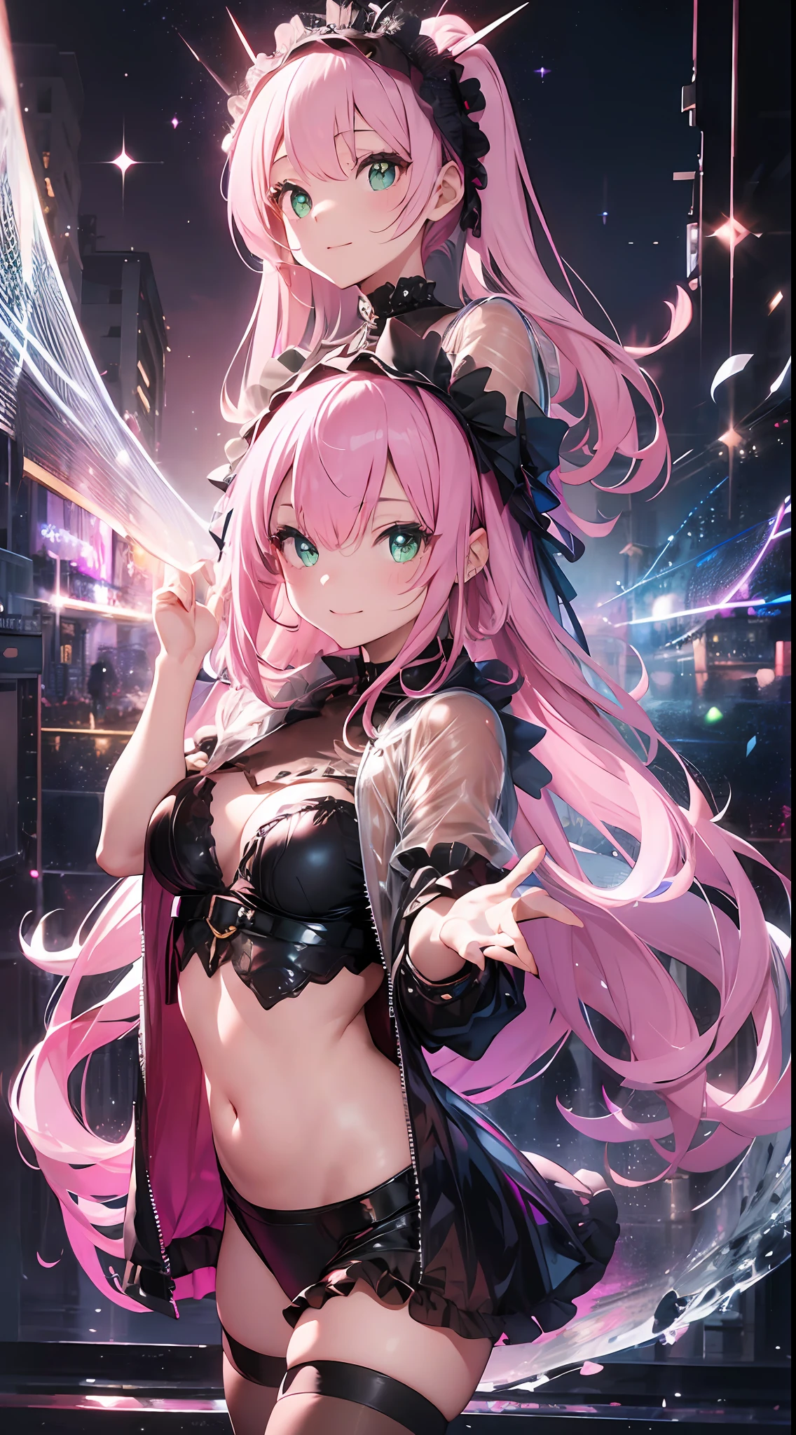 ((Masterpiece))), (Ultra detailed, top quality, high resolution, 8k wallpapers, beautiful clothes,)), full body, full body shot (one girl) (pink hair, long hair, straight hair, two sides up)) (green eyes)), eyeshadow, eyeliner, glowing eyes, ultra-detailed eyes, complex eyes, beautiful eyes, (sparkling pink pupils)) 18 year old girl. Transparent jacket made of PVC material, ruffles. Seductive smile. (BLACK background) cutepose