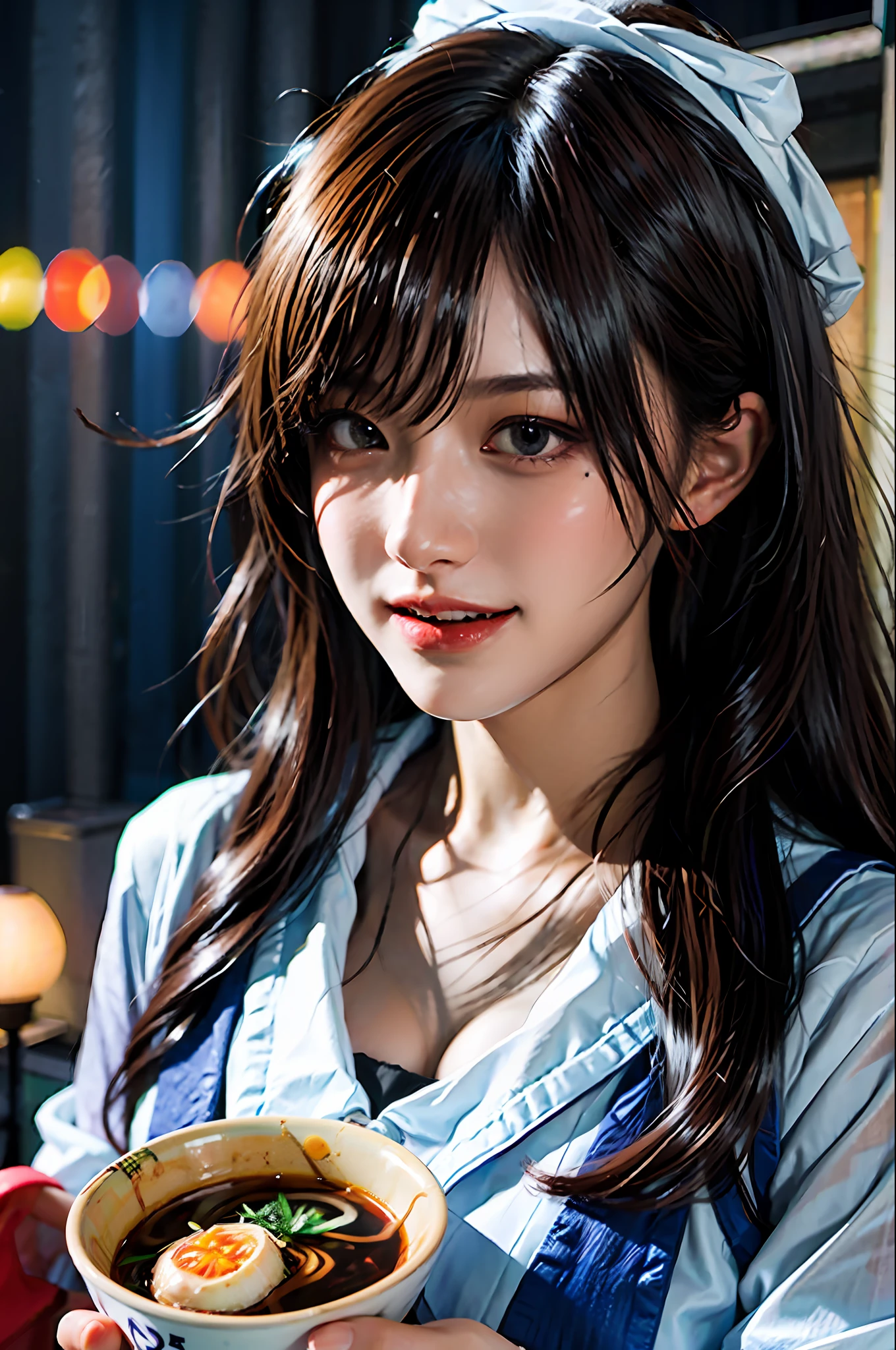 (masterpiece), best quality, ultra high res, close up, slim body, 1girl,school uniform, long hair, laughing, ramen, night, Tokyo restaurant background, colorful lights, photon mapping, radiosity, physically-based rendering, cinematic lighting, intricate, High Detail, Sharp focus, dramatic, photorealistic